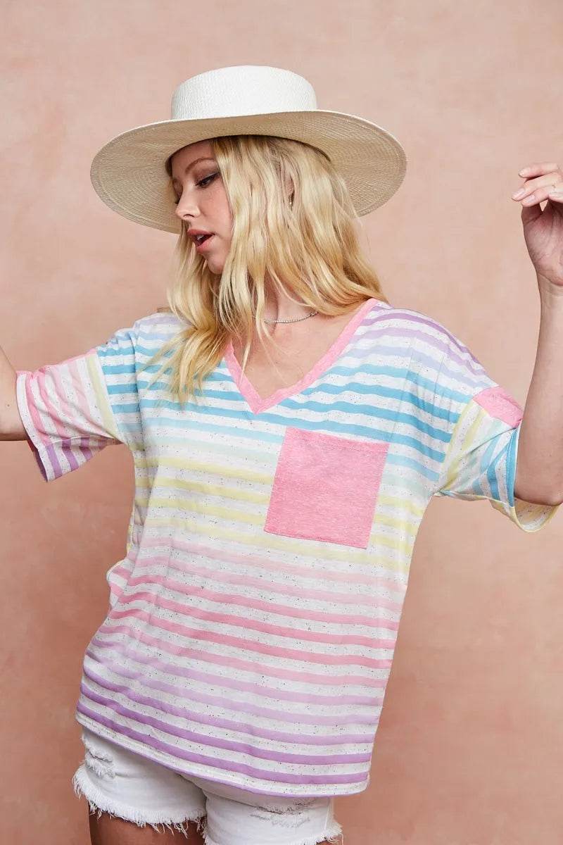 BiBi Rainbow Stripe Printed Triblend Knit Top - Women's Soft Comfortable Casual T-Shirt for Everyday Wear, Street Style & Summer Outfits