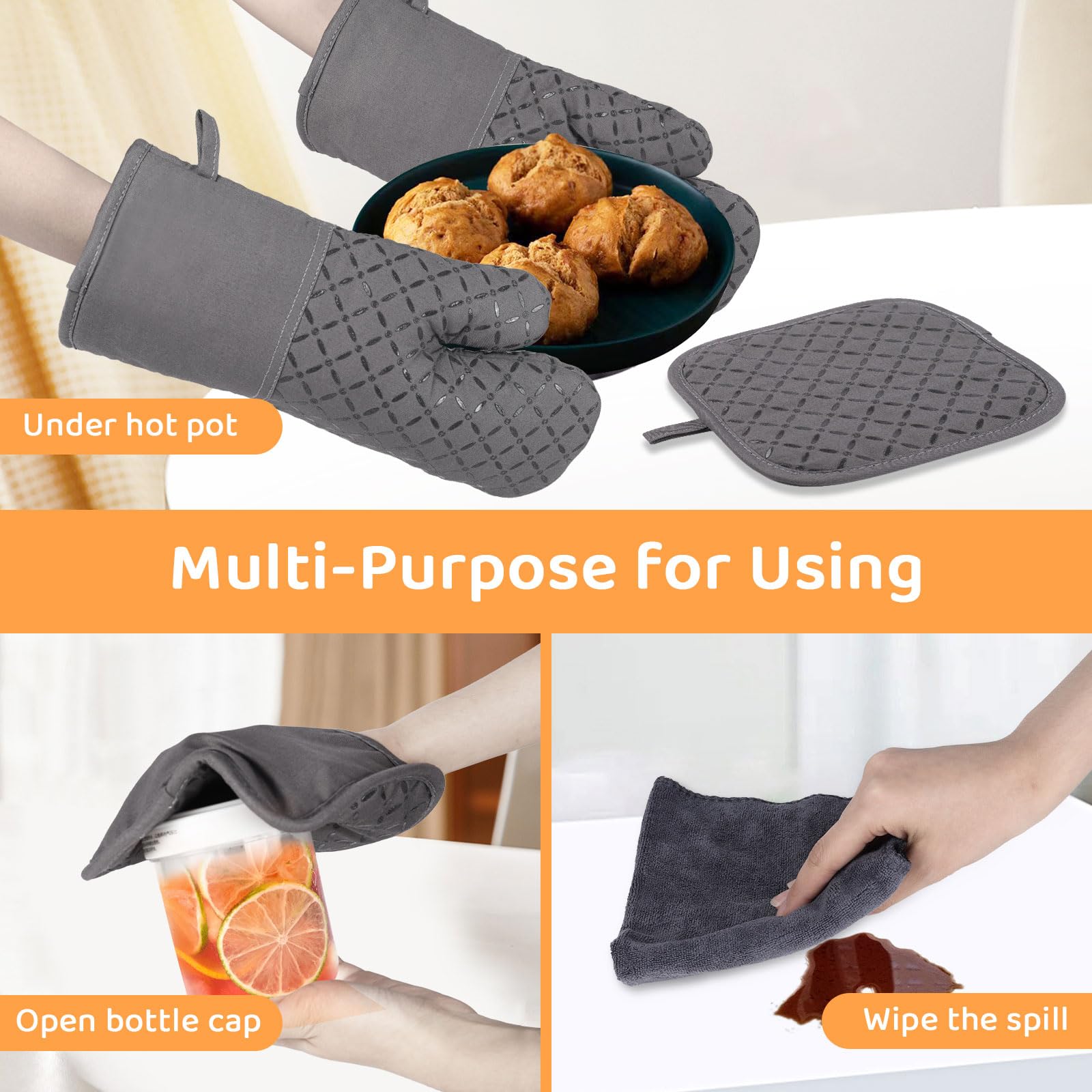 6Pcs Heat Resistant Oven Mitts and Pot Holders Set - 500°F Safe Baking Gloves with Soft Cotton Lining & Non-Slip Silicone Surface - Perfect for Cooking, Baking, BBQ and Kitchen Safety