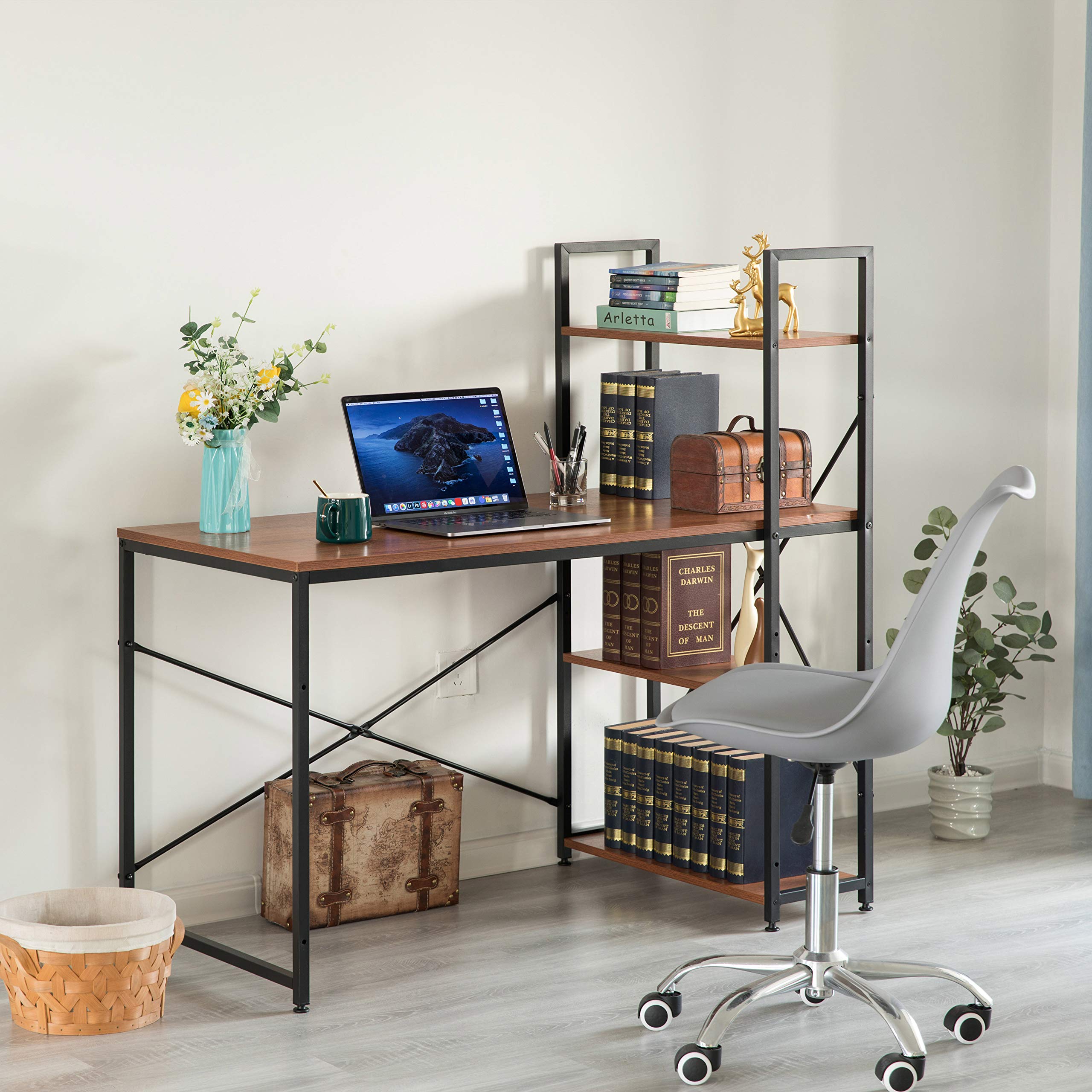 Industrial Home Office Computer Desk with Bookshelves - Solid Wood & Metal Frame, Cherry Finish - Perfect for Small Spaces, Work from Home & Study Rooms