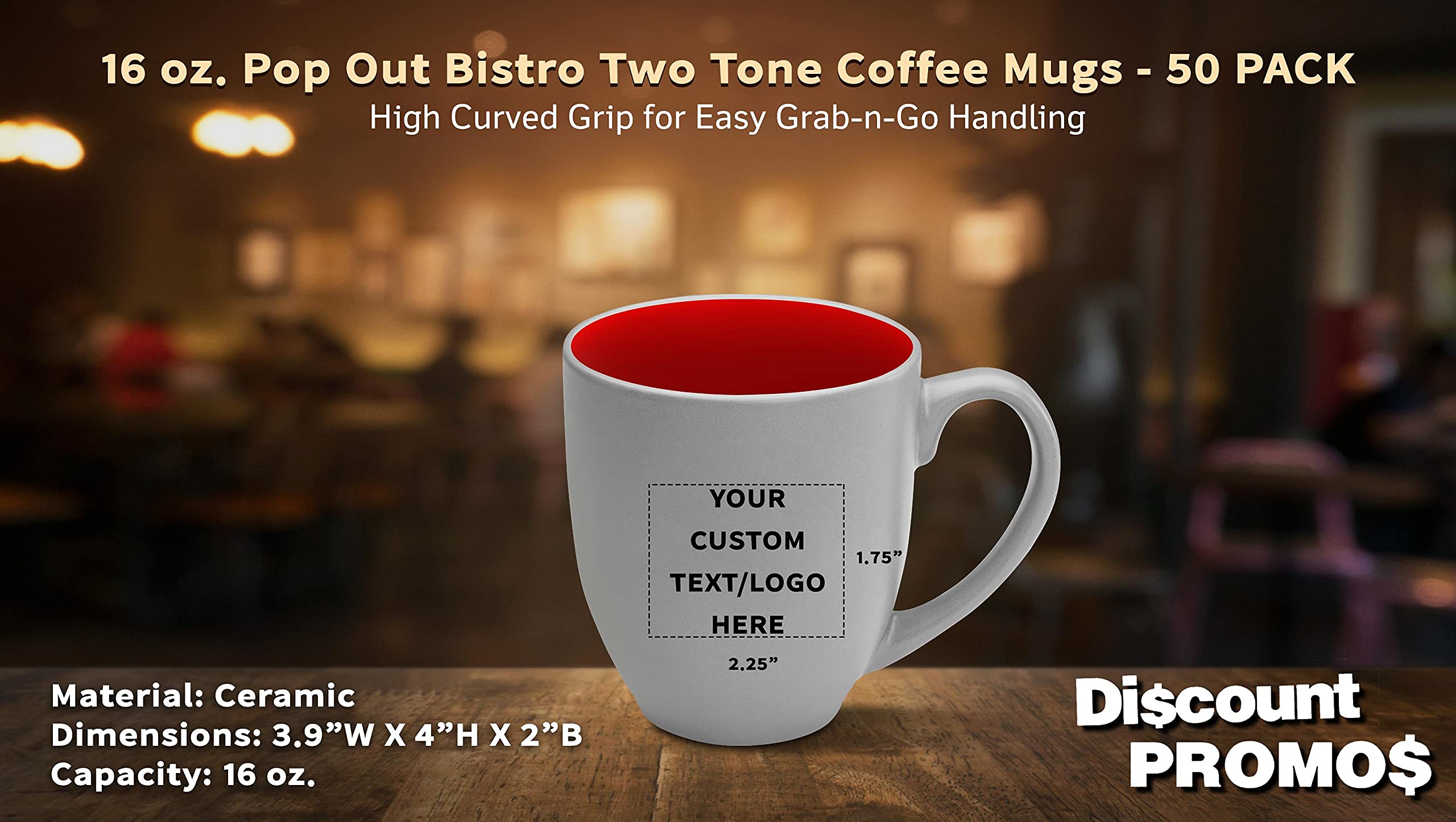 Custom 16oz Two-Tone Coffee Mugs Set of 50 - Personalized Bulk Pop Out Bistro Mugs for Coffee, Hot Cocoa & Beverages - Red - Perfect for Restaurants, Cafes & Corporate Gifts