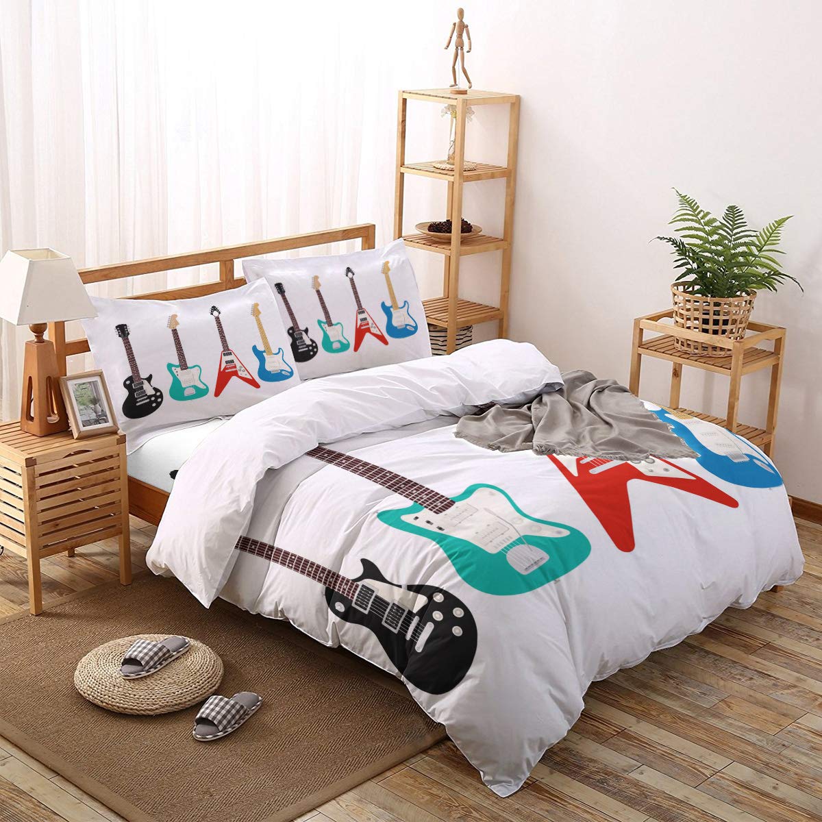 4-Piece Guitar Bass Music Duvet Cover Set - Soft & Comfortable Bedding for Kids & Adults, Includes 1 Duvet Cover, 1 Flat Sheet & 2 Pillowcases (Twin Size) - Perfect for Music Lovers' Bedrooms, Dorm Rooms & Gift Giving