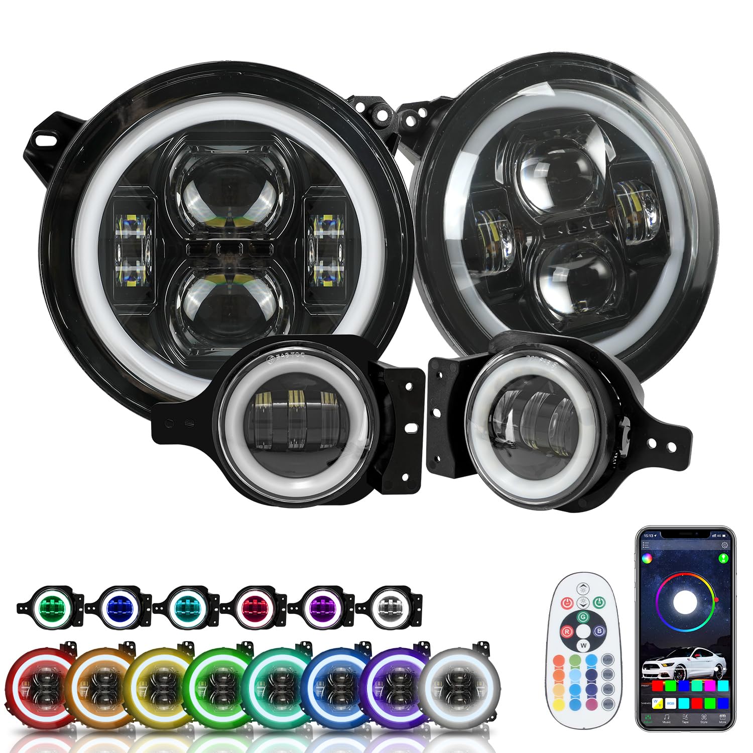 SUNPIE 9 Inch RGBW Halo LED Headlights with Fog Lights Combo Kit for Jeep Wrangler JL/JLU & Gladiator JT (2018-2023) - APP & Remote Control, Off-Road Adventure & Night Driving Lighting Upgrade