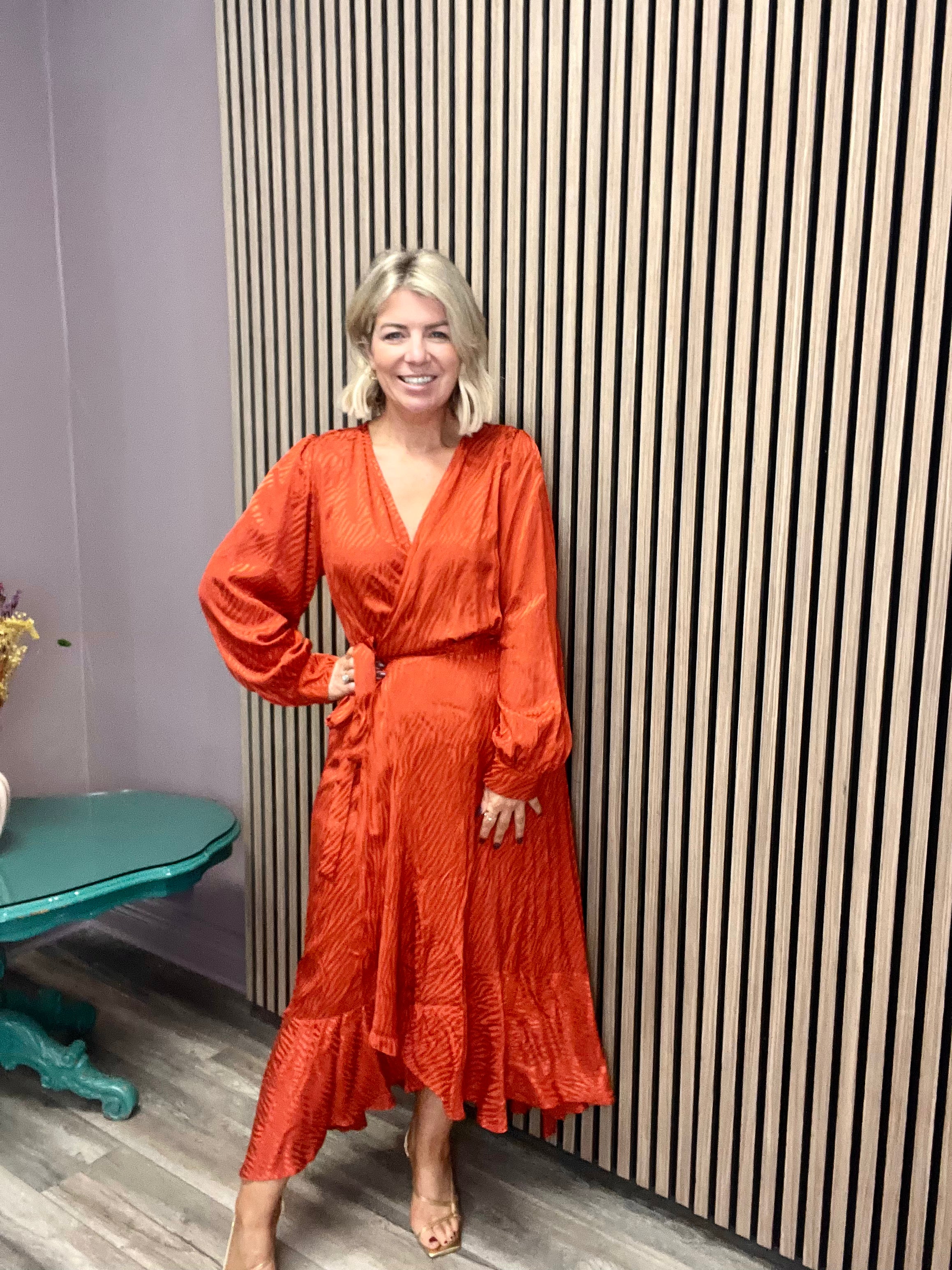 Nicole Long Wrap Dress in Rust - Elegant & Comfortable Women's Maxi Dress for Casual Outings, Date Nights & Summer Vacations