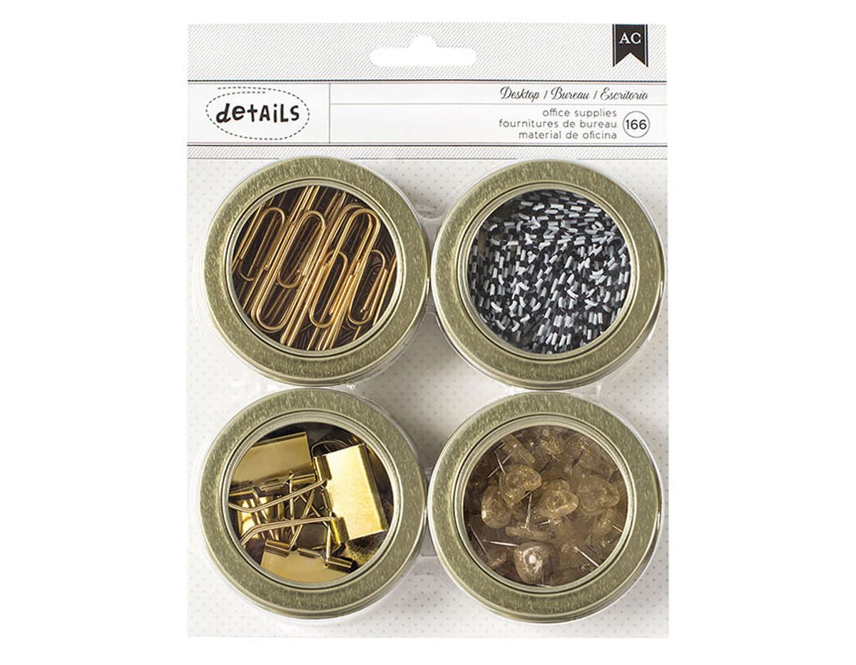 Premium American Crafts Office Supplies Set - Gold Tin with Circle Clips, Clothespins, Paper Clips & Push Pins | Perfect for Bulletin Boards, Scrapbooking & Home Organization