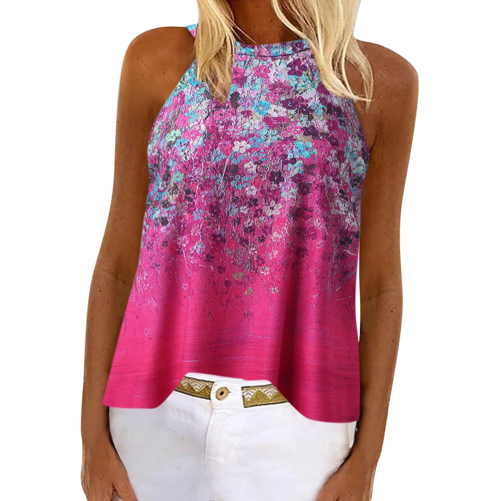 Women's Sleeveless Floral Print Cold Shoulder Tank Top - Summer Crew Neck Casual Vest for Women | Perfect for Beach Outings, Music Festivals & Everyday Wear