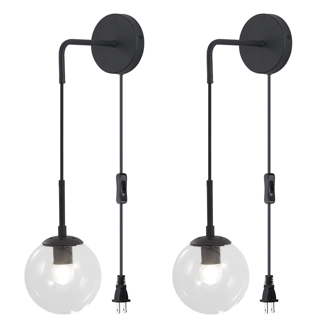 Mid Century Modern Black Wall Sconce Light - Set of 2 Plug-in Clear Glass Globe Ball Wall Lights for Bathroom Vanity, Bedroom, Living Room - Minimalist Corded Wall Lamp Fixture (Clear)