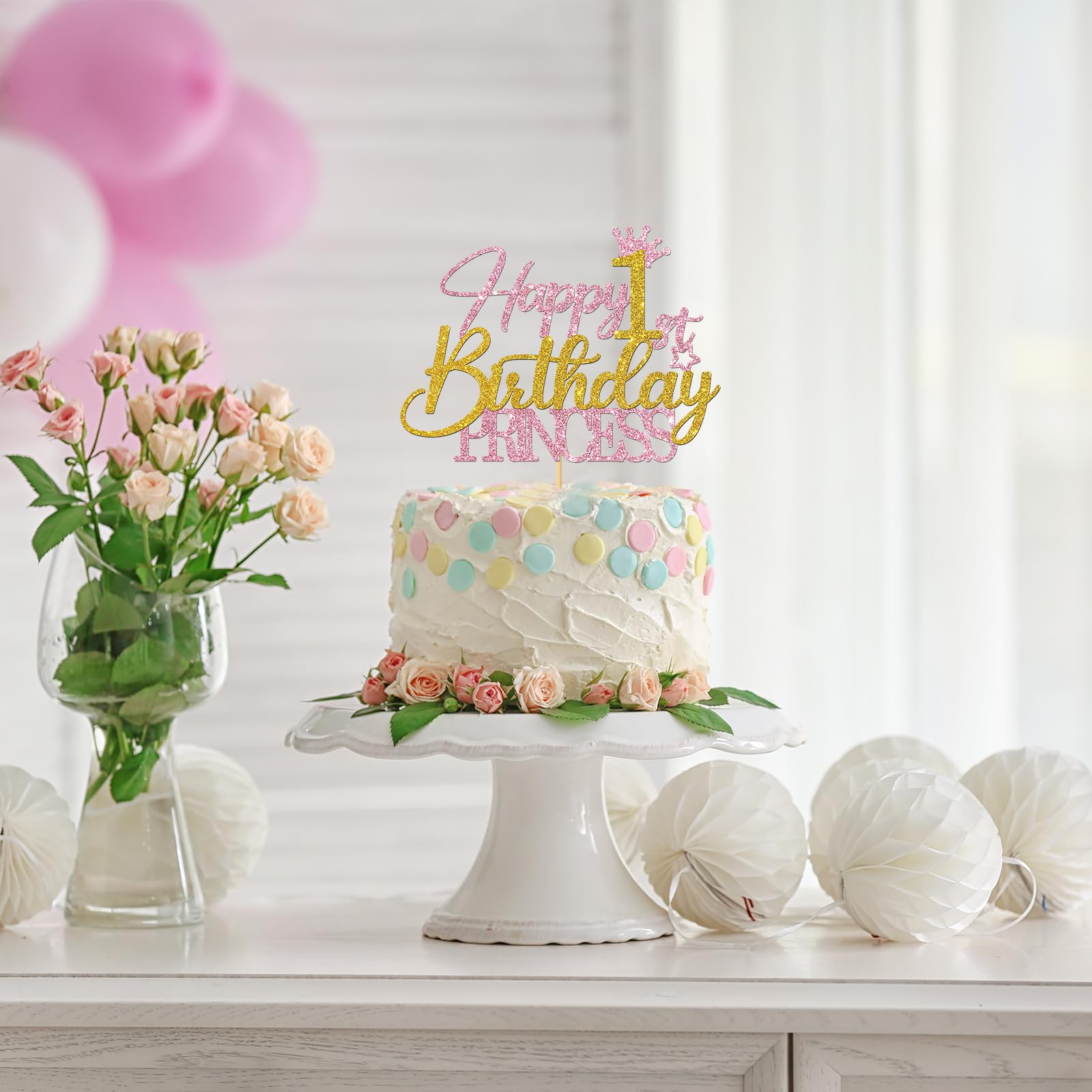 Happy 1st Birthday Cake Topper for Girls - Pink & Gold Glitter Princess Cake Decorations - Baby Girl One Year Old Party Supplies - Perfect for Birthday Cakes, Cupcakes & Dessert Tables