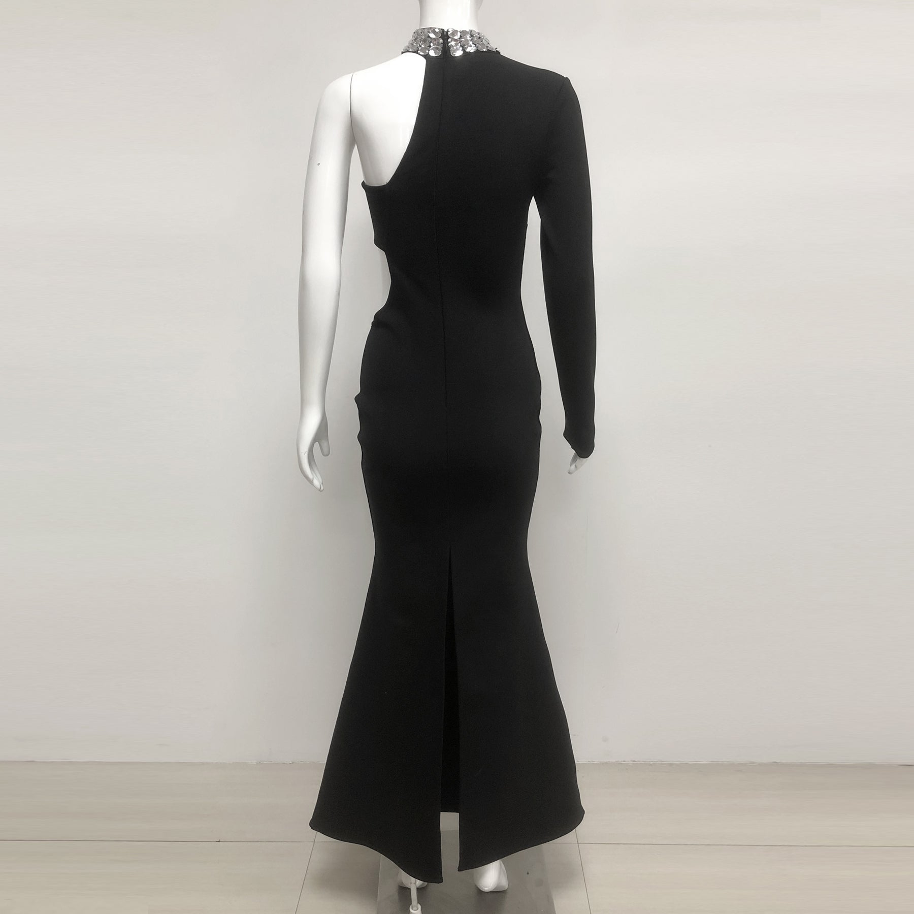 Elegant Black Crystal Embellished One Sleeve Cut Out Maxi Dress for Evening Parties, Prom, and Special Occasions