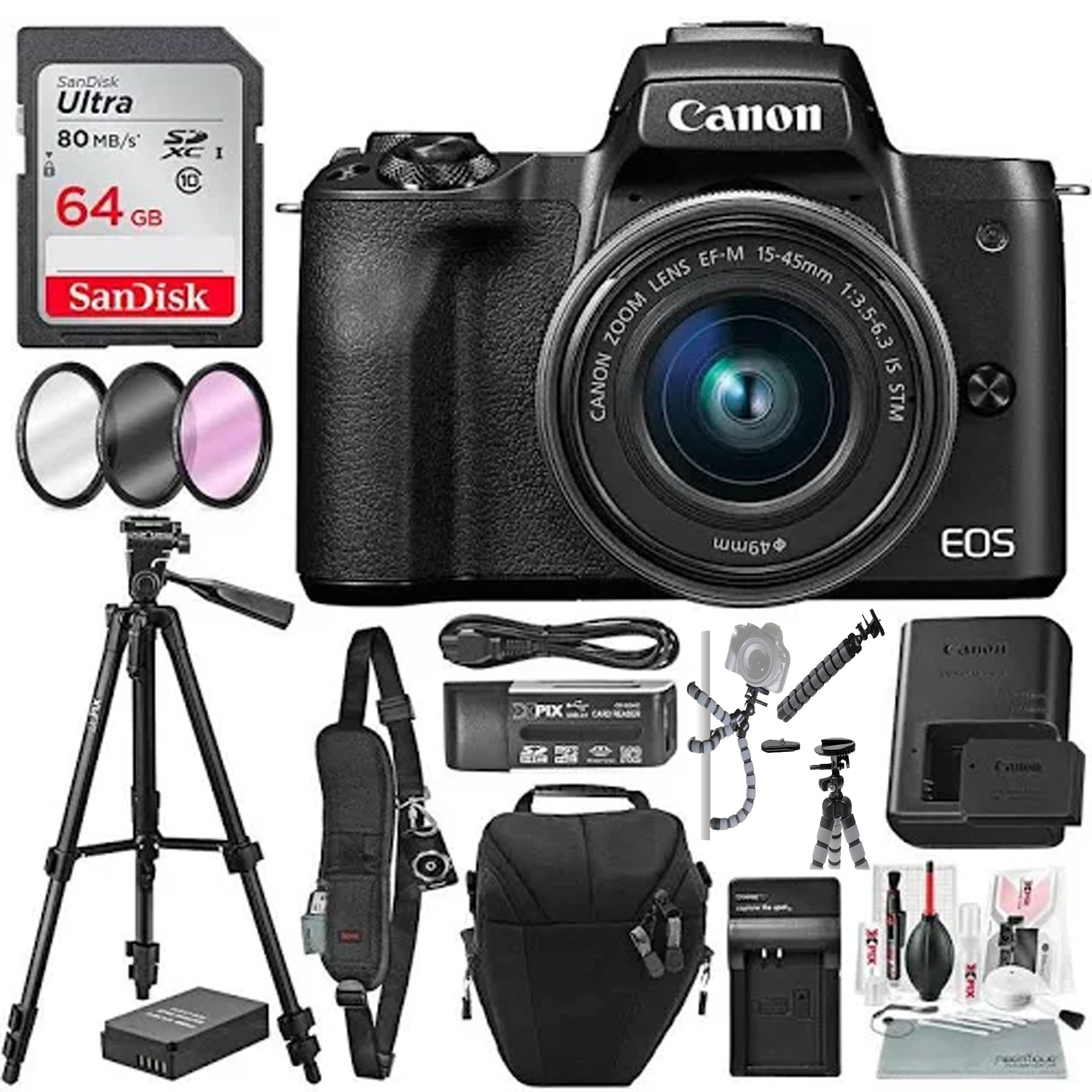 Canon EOS M50 Mirrorless Digital Camera with 15-45mm Lens Kit (Black) | 64GB SD Card & Travel Photo Bundle | Perfect for Vlogging, Travel Photography & Content Creation