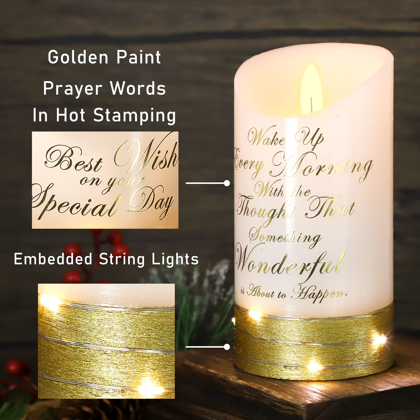 Golden LED Flameless Candles with Remote - Flickering Prayer Lights for Bedroom Decor