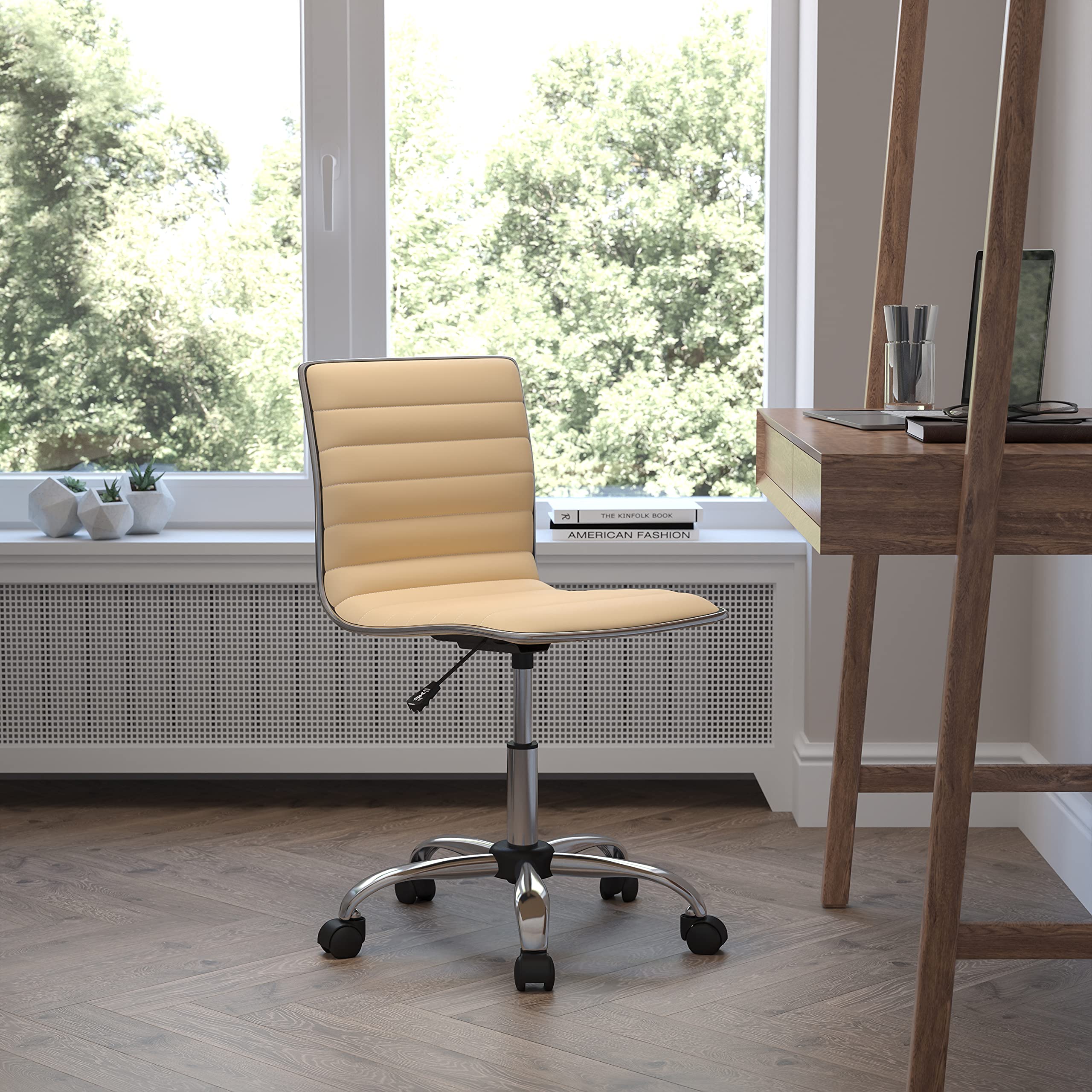EMMA + OLIVER Low Back Designer Armless Tan Ribbed Swivel Task Office Chair - Ergonomic Desk Chair for Home Office, Gaming & Workspace Comfort