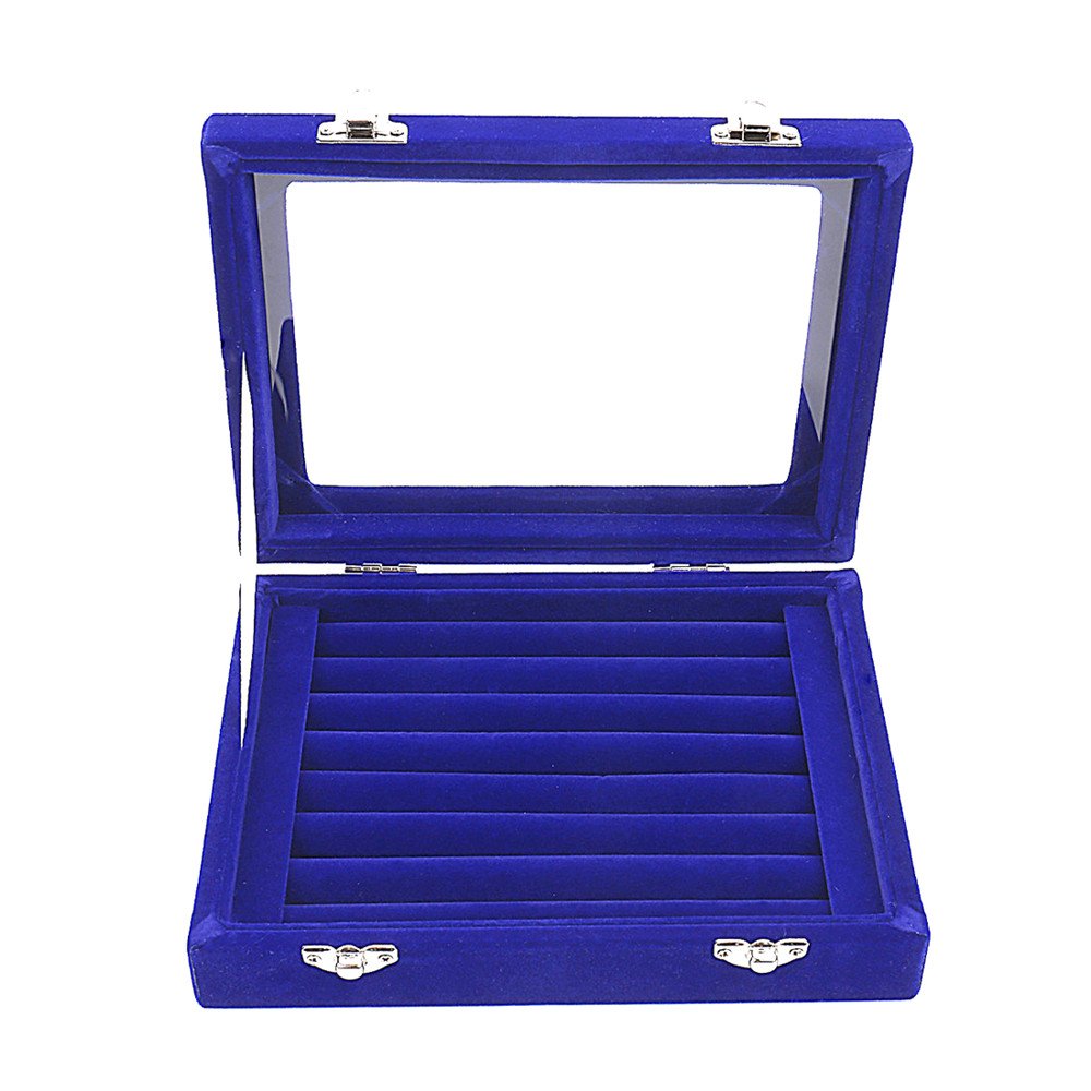 Velvet Jewelry Display Box - Glass Top Ring Earrings Organizer with 2 Clasps - Perfect for Jewelry Storage, Showcase & Travel Accessories