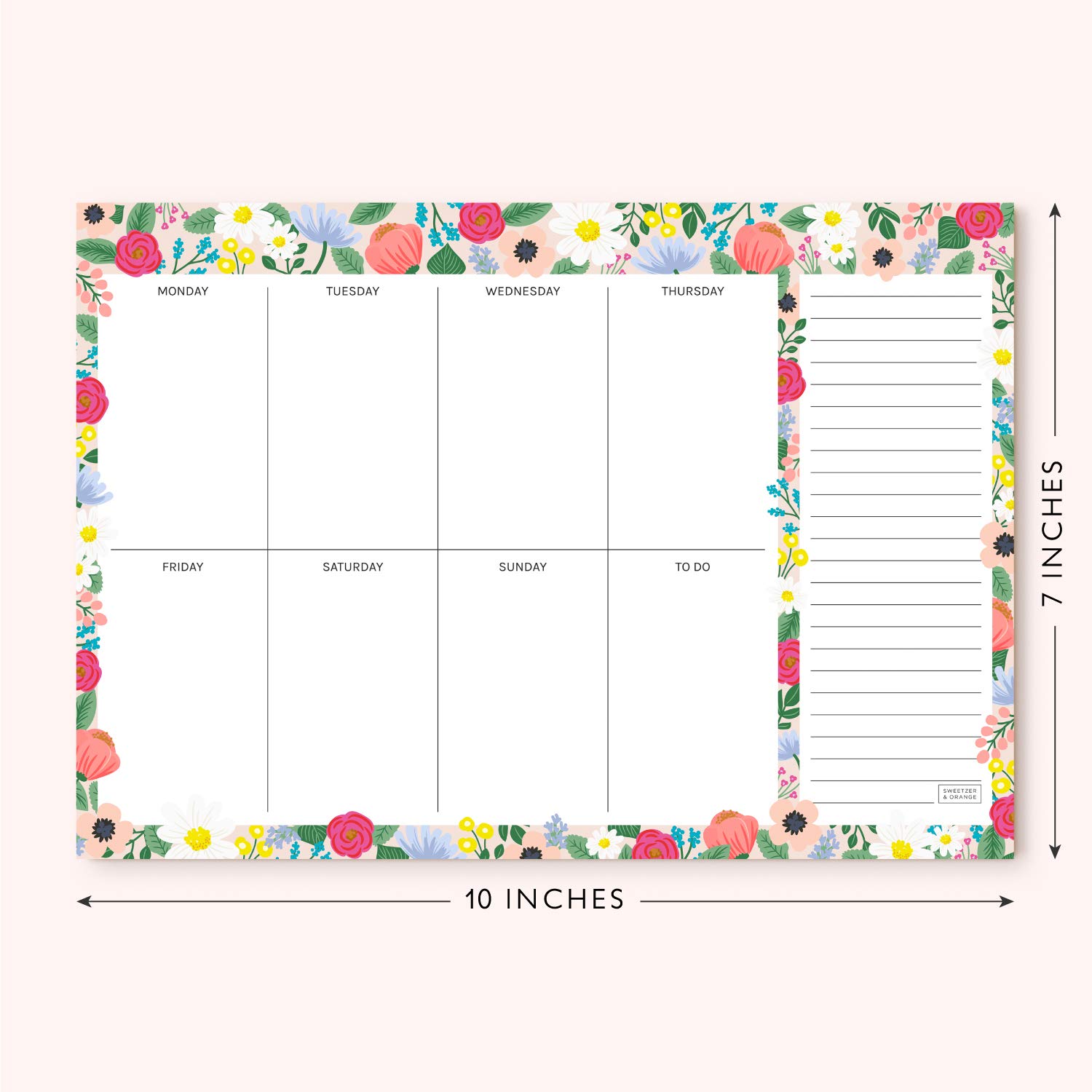 Sweetzer & Orange Floral Weekly Planner 2025 - Undated To-Do List Notepad with Easy-Tear Sheets | 7x10