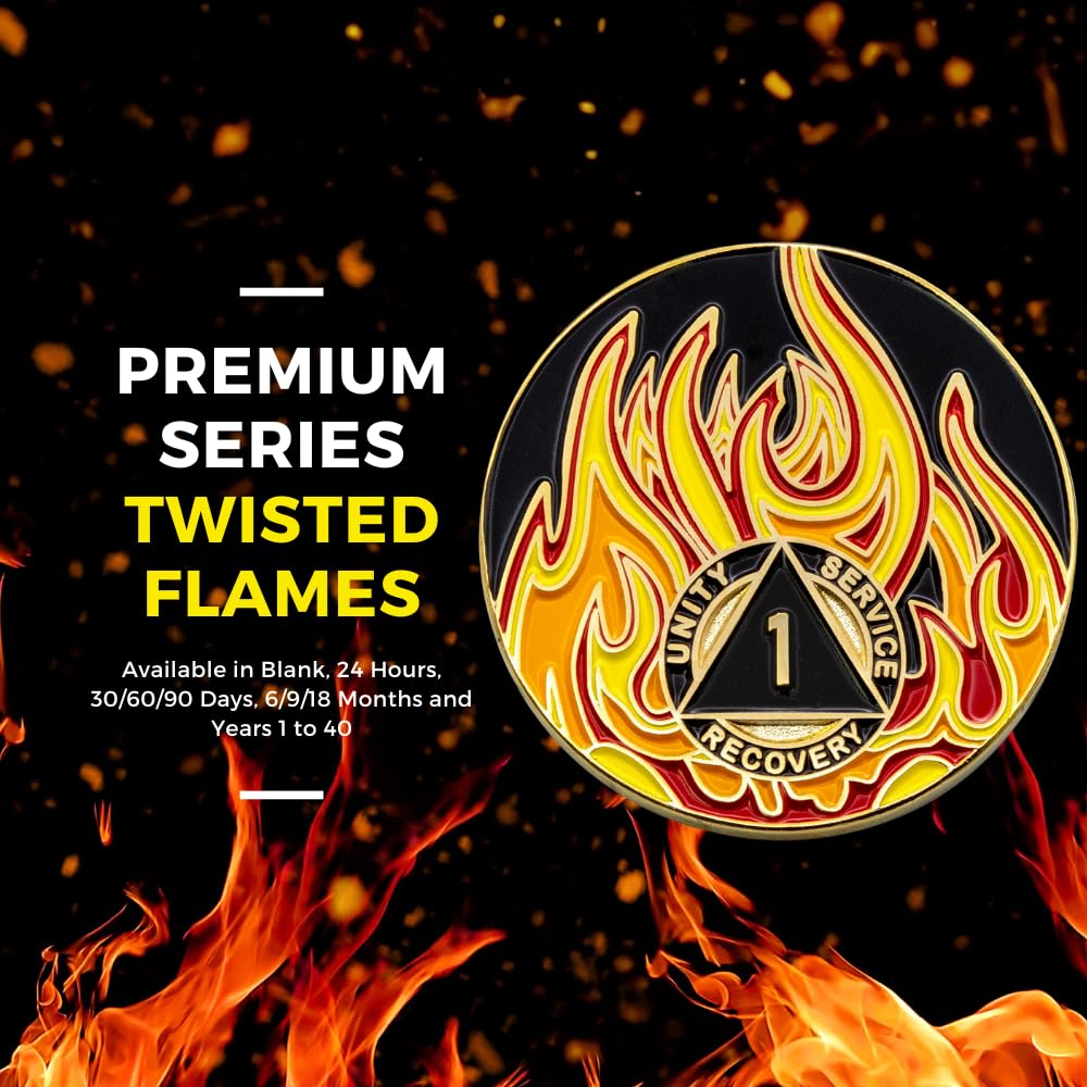 8 Year Twisted Flames Gold Plated AA Recovery Medallion/Chip - Black/Red/Orange/Yellow | Sobriety Gift for Alcoholics Anonymous, NA, 12 Step Programs | Motivational Token for Meetings & Milestones