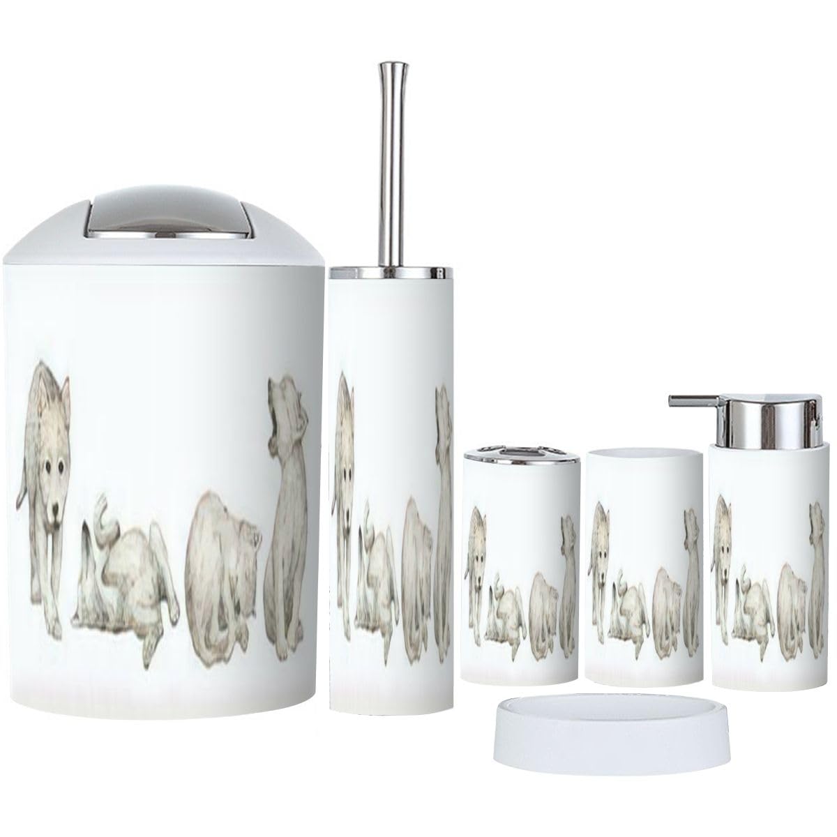6-Piece Watercolor Cute Forest Animals Bathroom Accessory Set - Toothbrush Holder, Cup, Soap Dispenser, Dish, Toilet Brush Holder & Trash Can - Gray Baby Shower & Nursery Decor for Kids' Bathroom