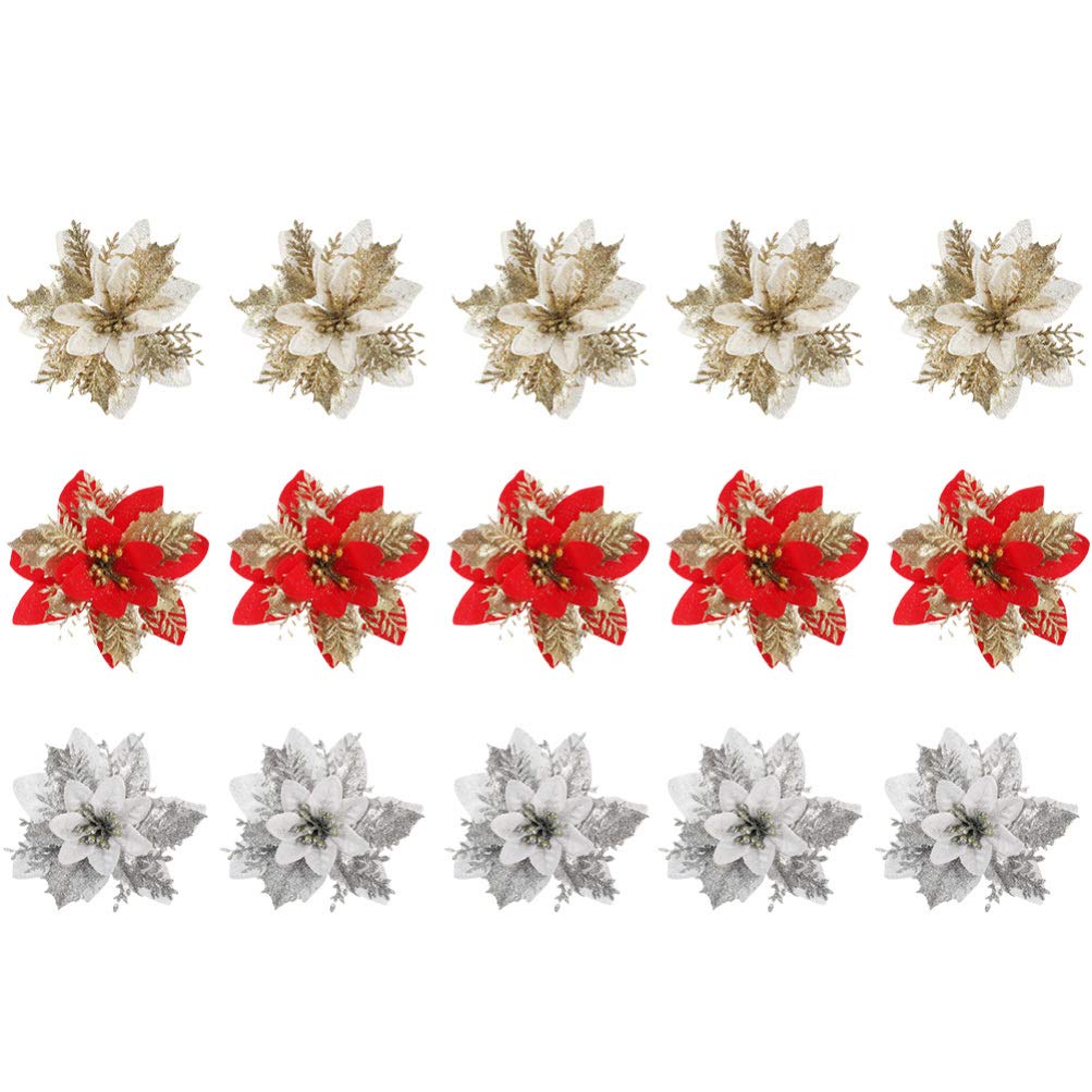 15Pcs Christmas Poinsettias Artificial Flowers - Mini Gold Dust Floral Decor for DIY Garland, Tree, Wreath & Holiday Home Decoration | Perfect for Xmas Party, Mantel, Table Centerpiece