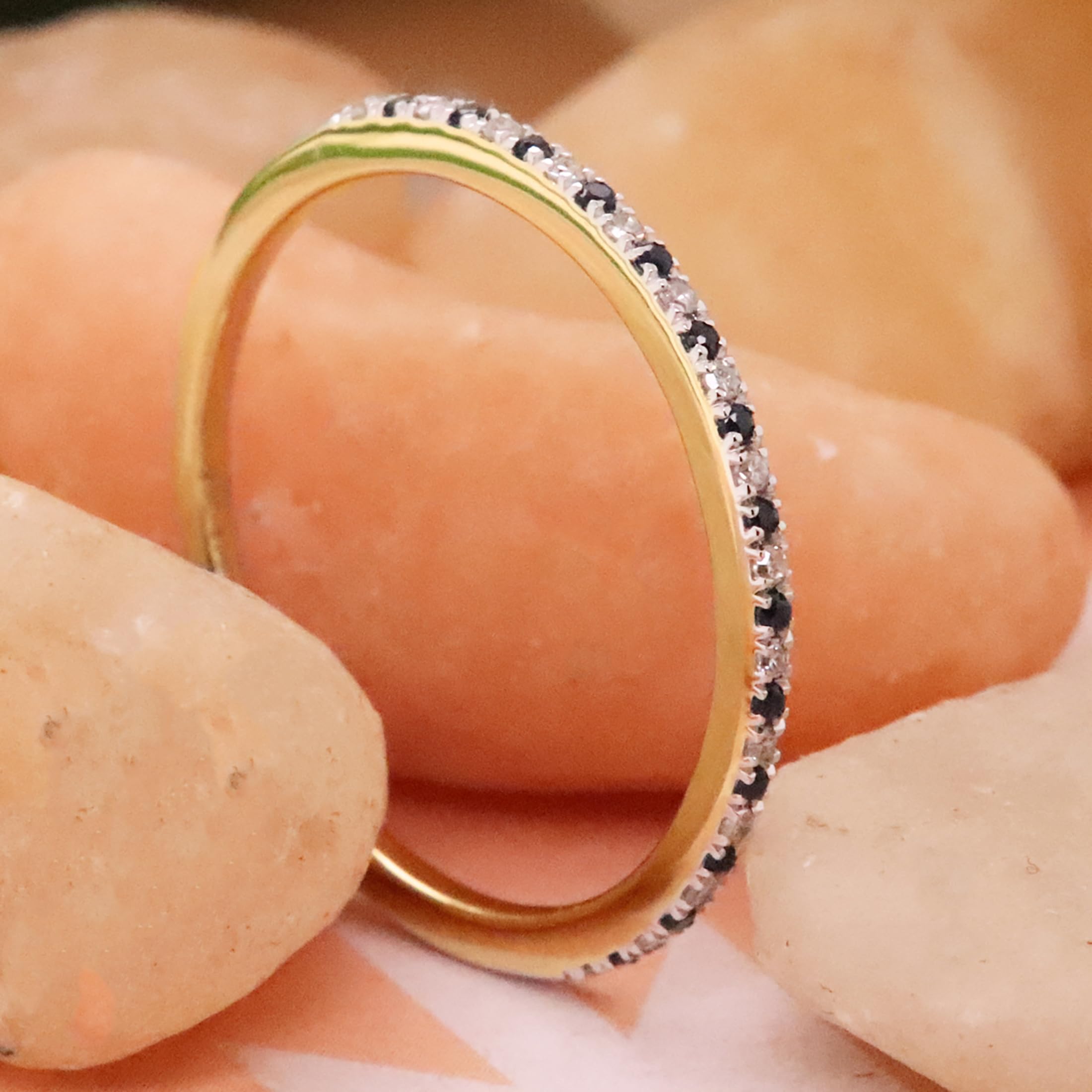 Stunning Round Blue Sapphire & White Diamond Half Eternity Wedding Band for Women - 14K Solid Gold Bridal Ring | Perfect for Engagement, Anniversary & Special Occasion Gifts