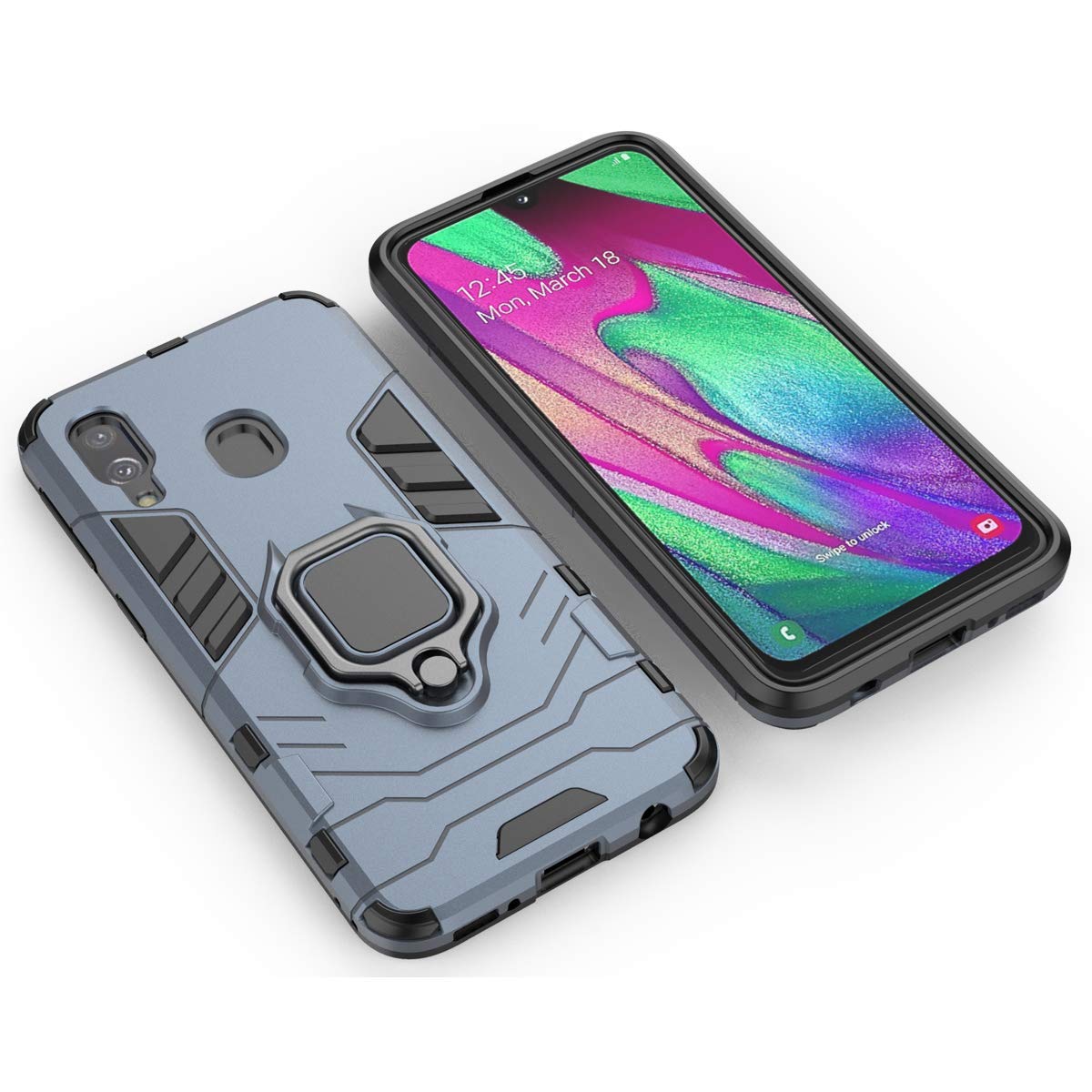 **LuluMain Shockproof Rugged Case for Samsung Galaxy A40 - Dual Layer Hard Bumper with Metal Ring Grip & Kickstand | Compatible with Magnetic Car Mount | Navy Blue | Perfect for Outdoor, Work & Travel**
