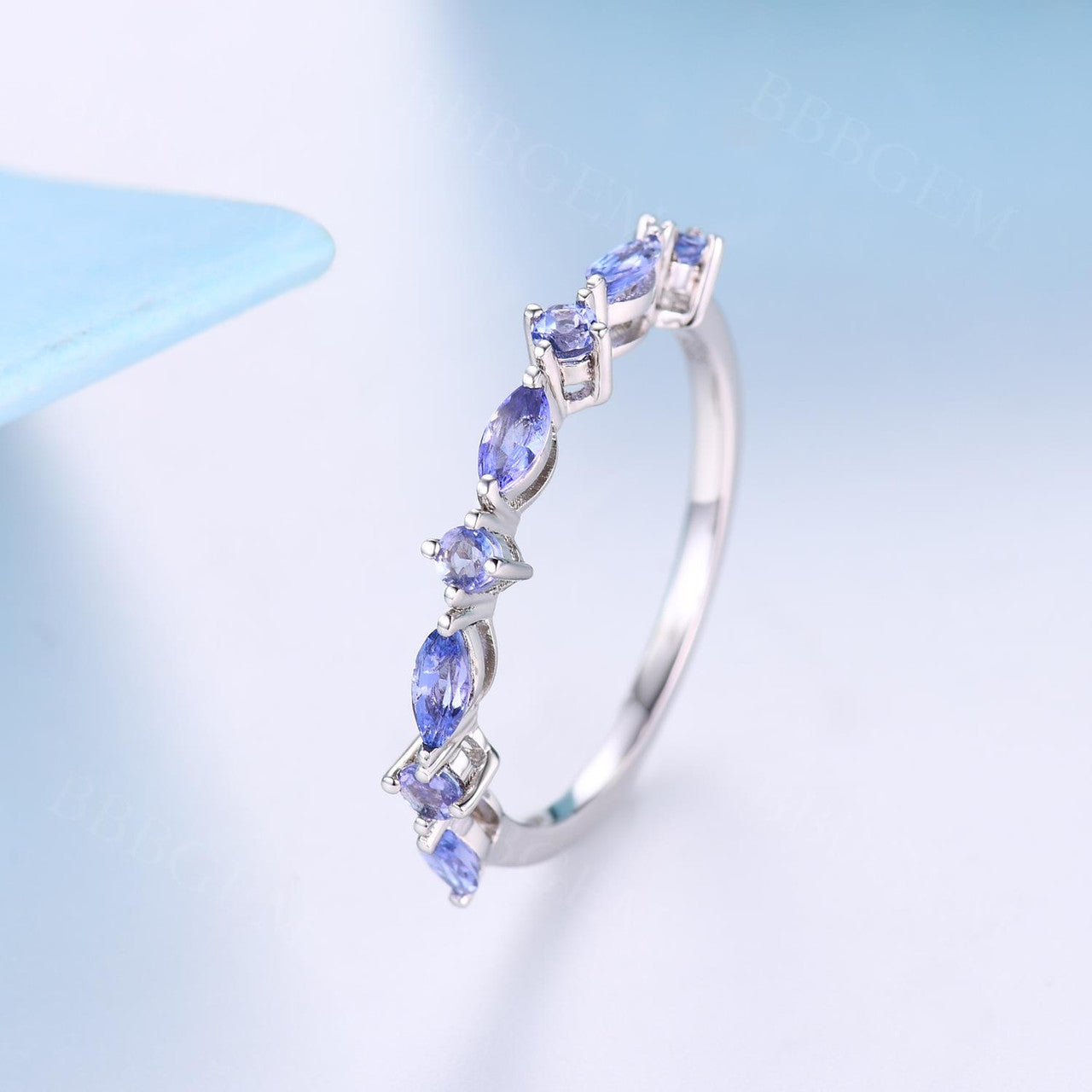 Natural Tanzanite Women's Band Ring - Marquise & Round Cut Half Eternity Shared Prong Gemstone Ring for Wedding, Anniversary & Special Occasions