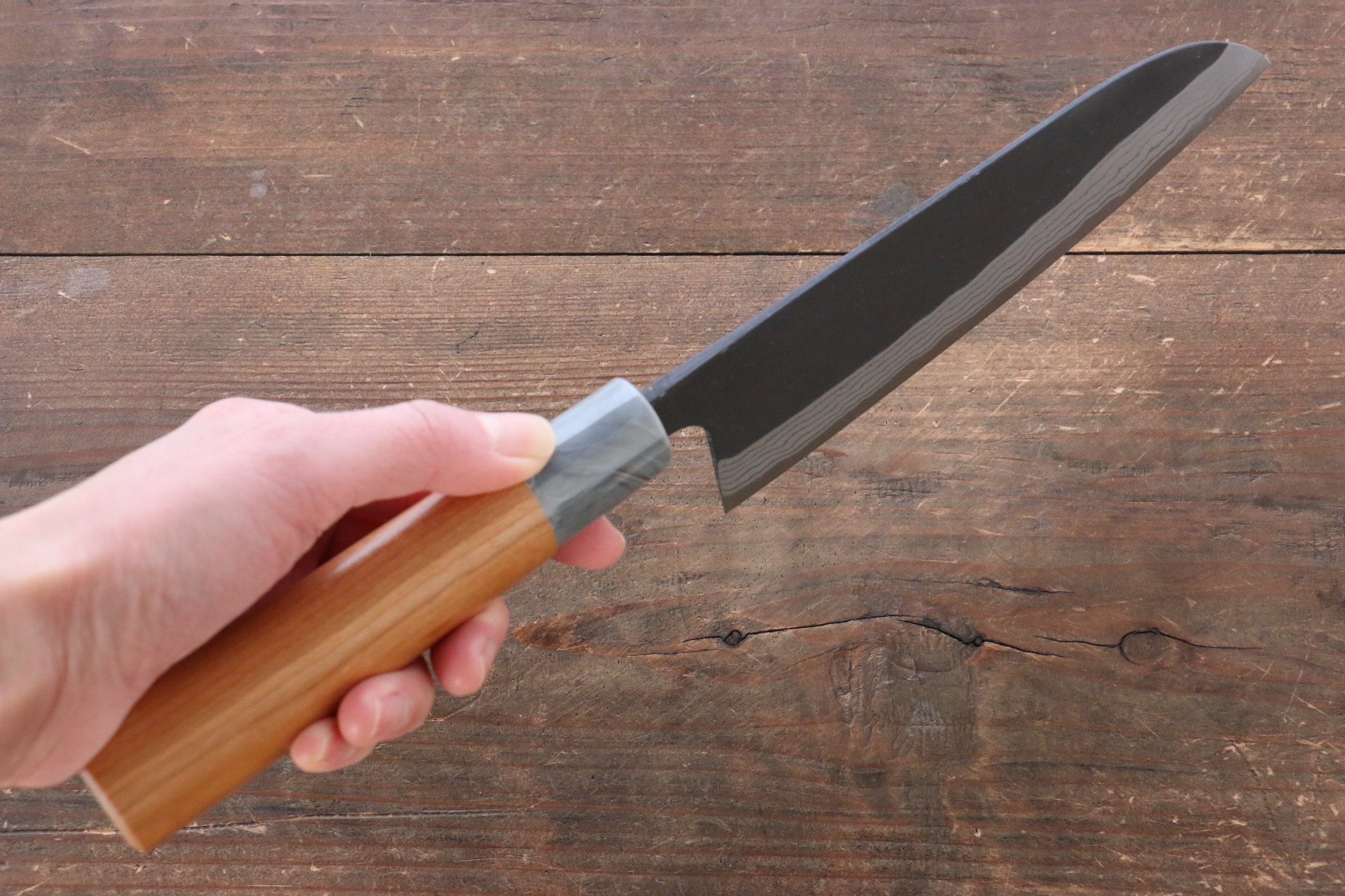 Premium Nao Yamamoto White Steel No.2 Kurouchi Damascus Santoku Knife 170mm with American Cherry Wood Handle - Perfect for Slicing, Dicing & Chopping Vegetables in Professional & Home Kitchens