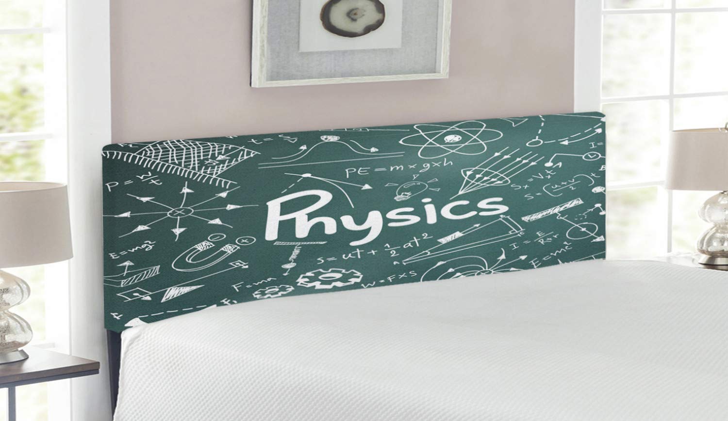 Ambesonne Physics Science Themed Headboard - Queen Size Upholstered Metal Bed Headboard with Memory Foam | Mathematical Formulas & Equations Design in Army Green & White | Perfect for Science Enthusiasts' Bedrooms, Dorm Rooms & Home Offices