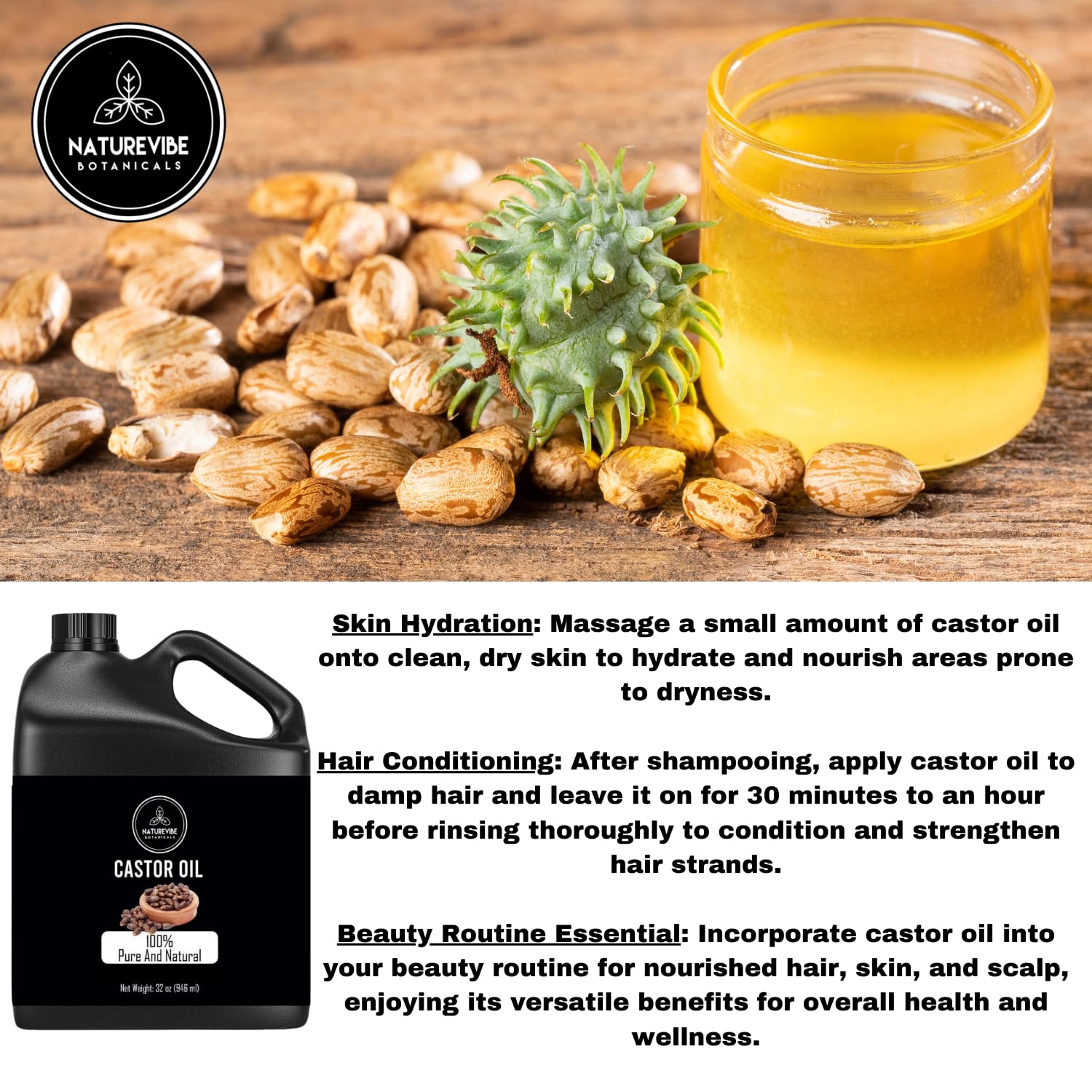 Naturevibe Botanicals Organic Castor Oil & Carrot Oil Combo - 32oz Each | Cold-Pressed, Hexane-Free Hair Growth & Skin Care | Perfect for DIY Beauty Recipes, Scalp Massage & Natural Moisturizing