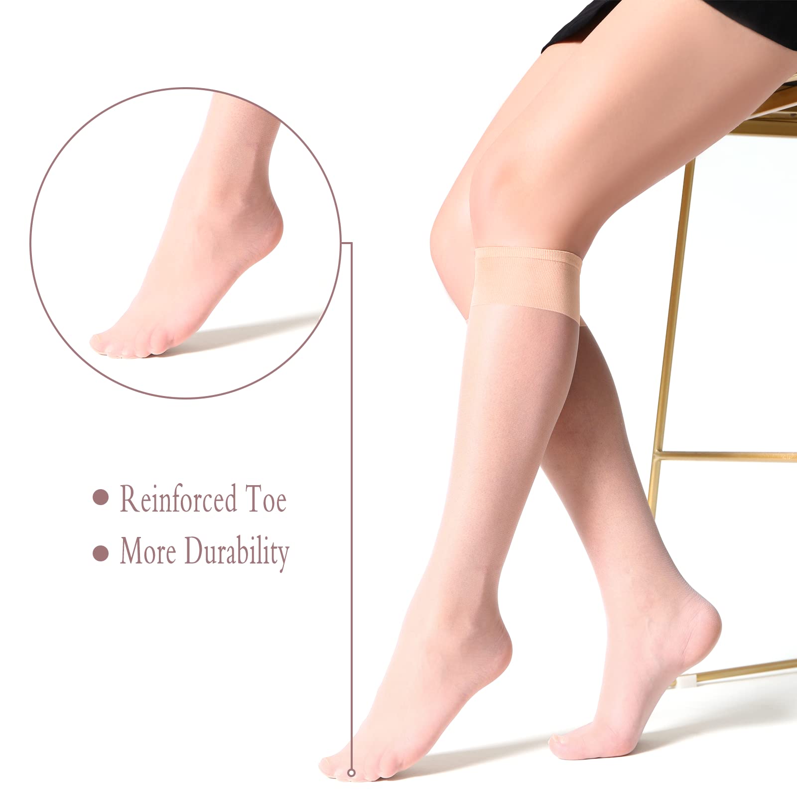 Yilanmy 12 Pairs Knee High Stockings - Black & Nude Sheer Pop Socks for Women | Soft 15 DEN Nylon Socks | Perfect for Office, Cosplay & Everyday Wear