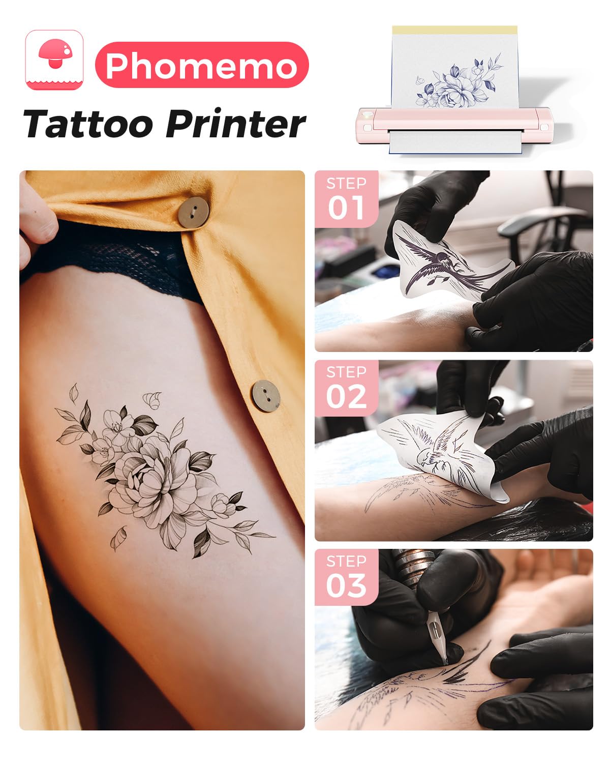Phomemo M08F Bluetooth Tattoo Stencil Printer Kit with Storage Case & 10pcs Thermal Transfer Paper - Wireless Tattoo Transfer Machine for Artists & Beginners - Works with iPhone, Android, iPad, Tablet & Computer - Perfect for Tattoo Studio, Home Practice & Professional Use