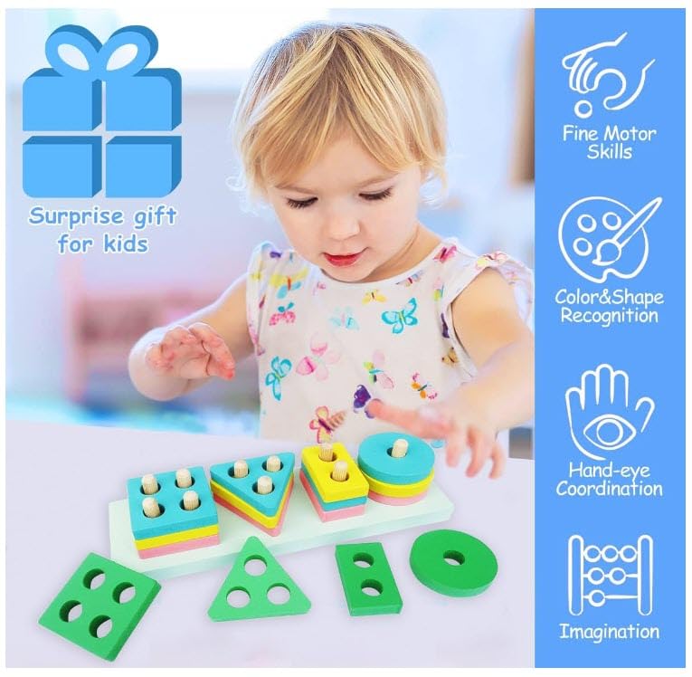 Wooden Geometric Shape Sorting & Stacking Toy - Montessori Learning Blocks for Kids - 16 Piece Puzzle with 4 Columns | Early Childhood Education, Preschool STEM Activities, Toddler Sensory Play