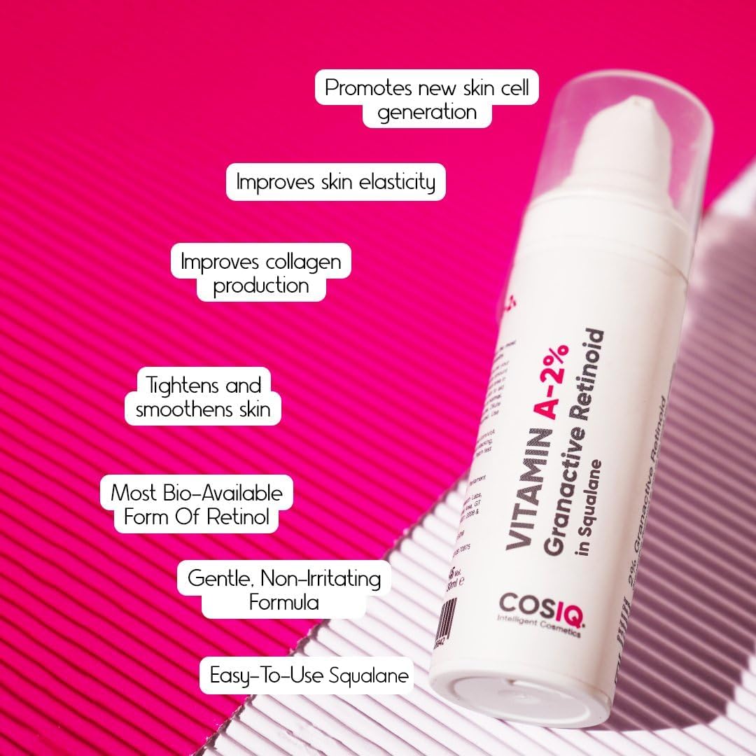 Cos-IQ 2% Granactive Retinoid Serum with Vitamin A in Squalane | Anti-Aging Face Serum for Wrinkles, Fine Lines & Acne Treatment | 4-Ingredient Retinol Night Serum for Women & Men | 30ml | Perfect for Nighttime Skincare Routine & Sensitive Skin Care
