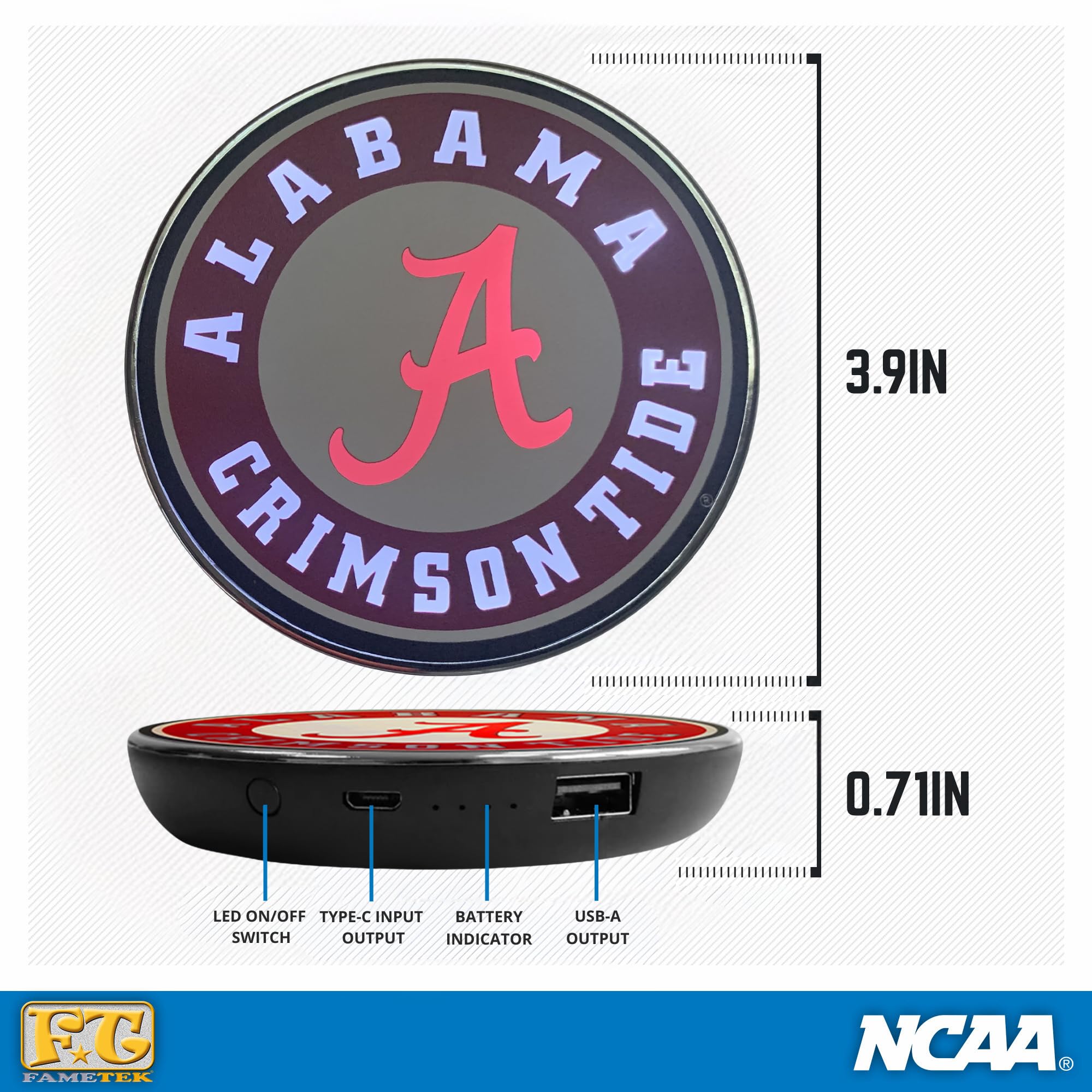 Official University of Alabama Crimson Tide Wireless Charger with LED Logo - 10000mAh Portable Power Bank for iPhone & Android - Fast Wireless & Wired Charging - Perfect for Dorms, Game Days & Travel (Officially Licensed)