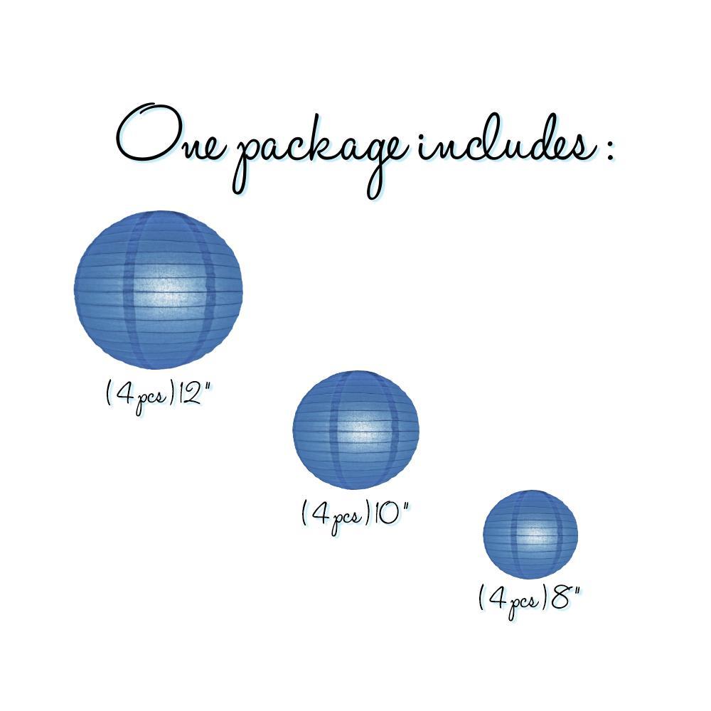 12-Piece Dark Blue Chinese Paper Lantern Set for Wedding & Party Decorations (12/10/8 Inch) - Perfect for Asian-Themed Events, Home Decor, and Festive Celebrations