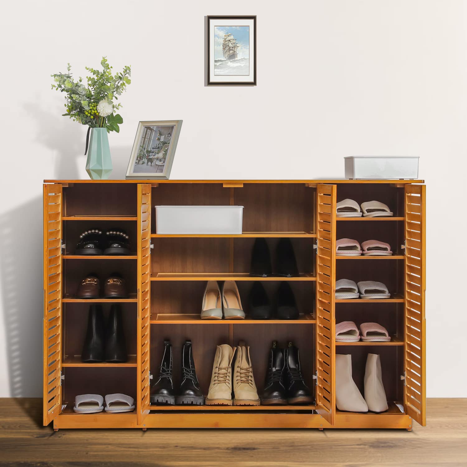 MoNiBloom Bamboo Shoe Storage Cabinet with 2 Double Shutter Doors - Holds 31-35 Pairs of Shoes - Entryway, Hallway & Bedroom Organizer - Space Saving Floor Shelf Stand - Natural Brown | Perfect for Small Spaces & Closet Organization