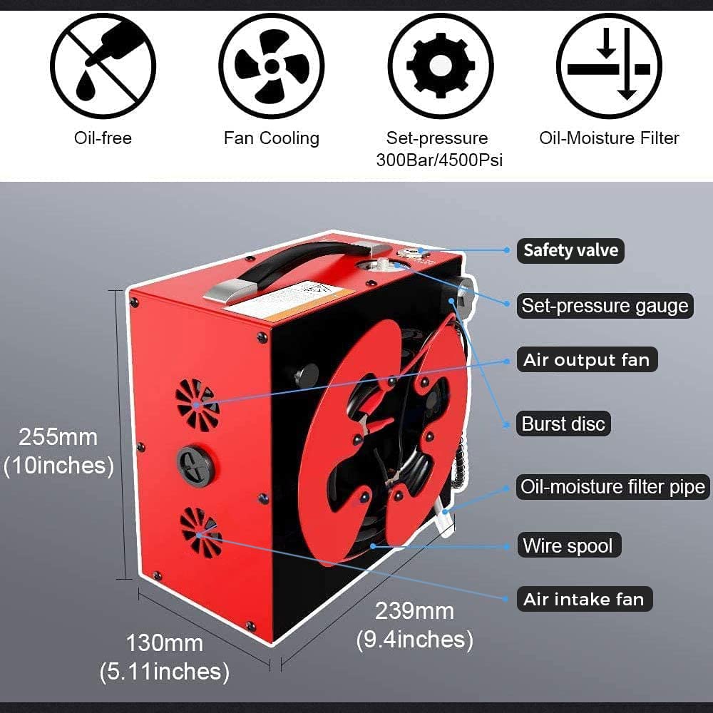 CS3 PCP Air Compressor - 4500PSI/30MPa Oil-Free Paintball Compressor with Auto-Stop & Water-Oil Separator - 12V DC Car or 110V AC Home Power w/Converter - Perfect for Paintball, Airsoft & PCP Rifle Refilling