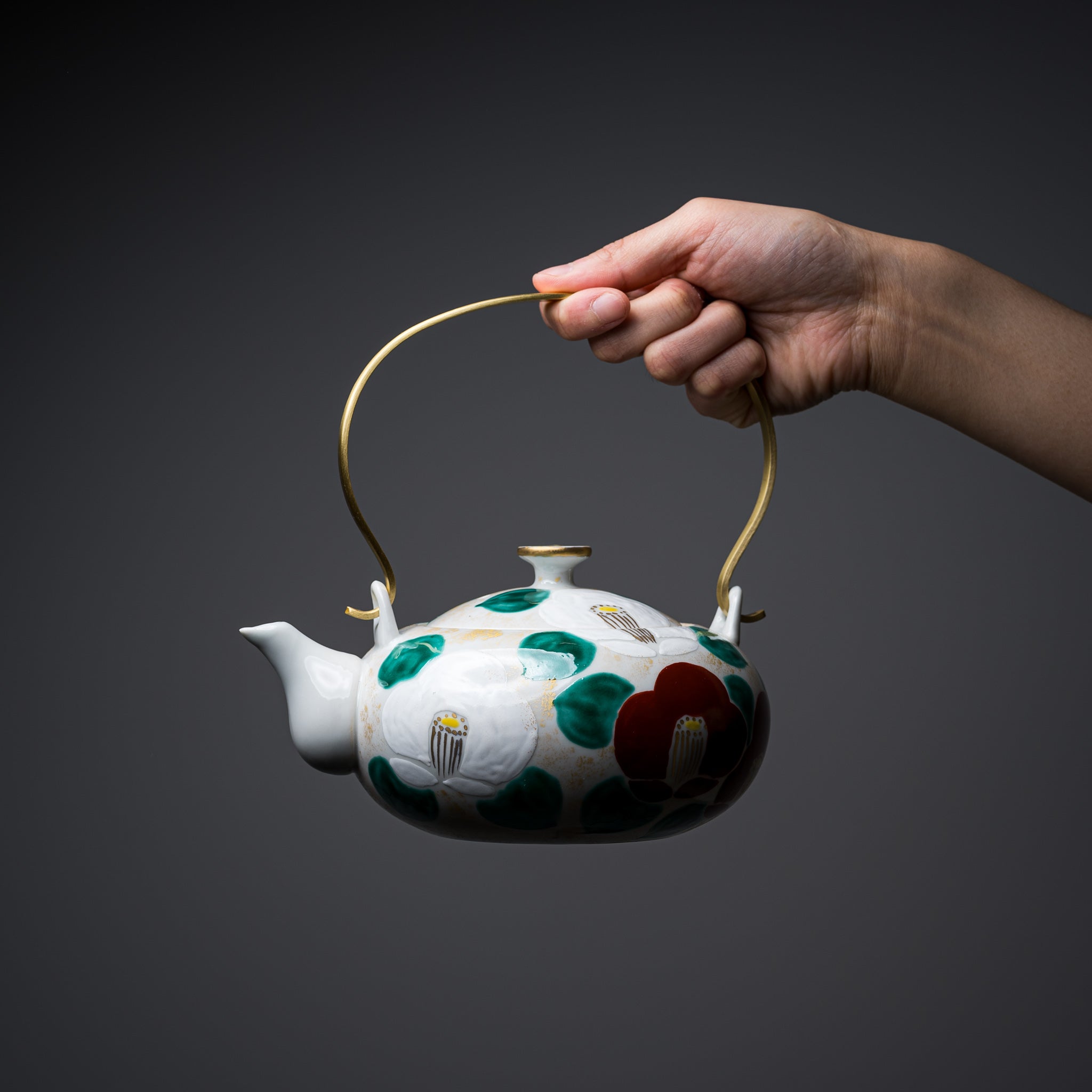 Handmade Kyoto Kiyomizu Ware Teapot - Camellia Red with Brass Handle | Authentic Japanese Ceramic Teapot for Tea Ceremony, Home Decor & Gift