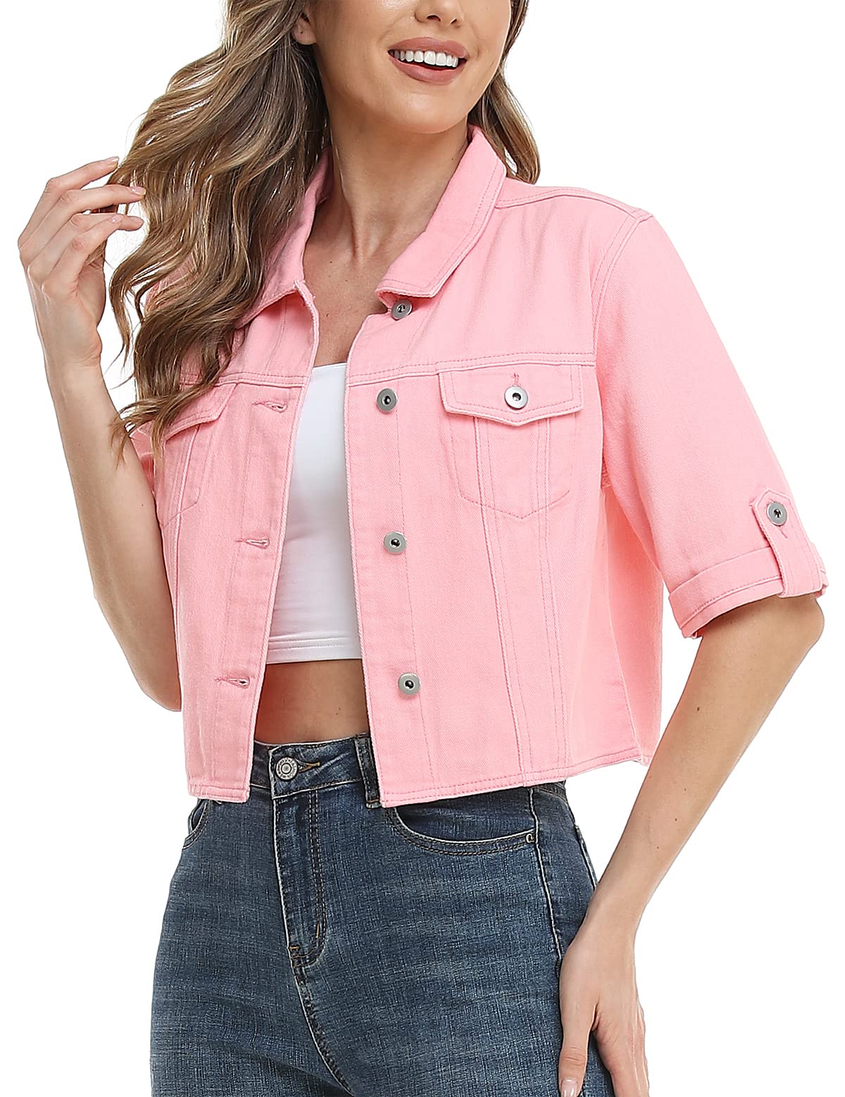 Miss Moly Women's Cropped Denim Jacket - Short Sleeve Distressed Jean Jacket for Summer | Casual Streetwear Style for Outfits, Music Festivals & Date Nights