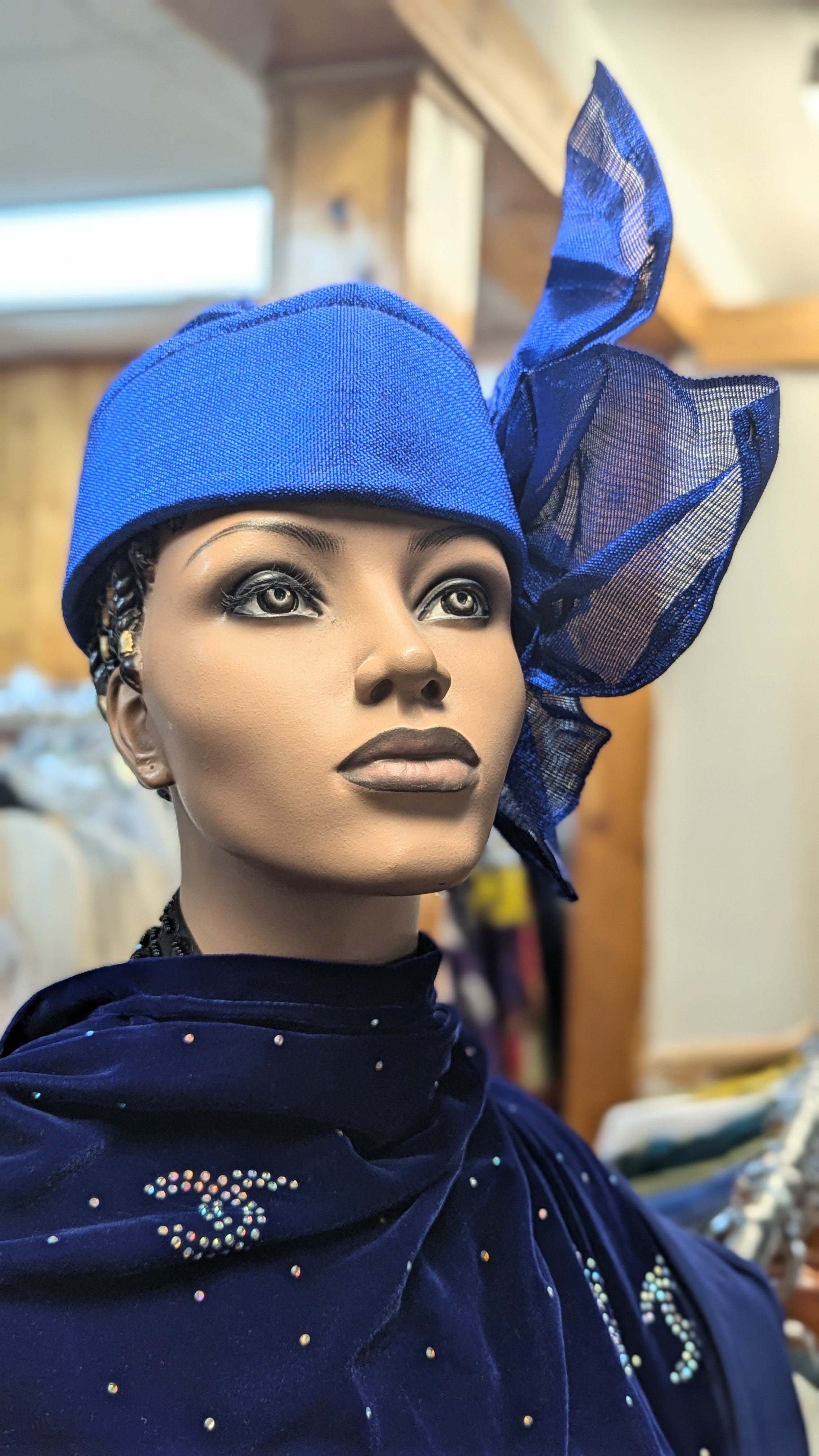 Royal Blue Aso Oke Gele Head Wrap with Large Bow - Elegant African Headpiece for Weddings, Parties & Special Occasions | Dupisie's Exquisite Emotan Collection