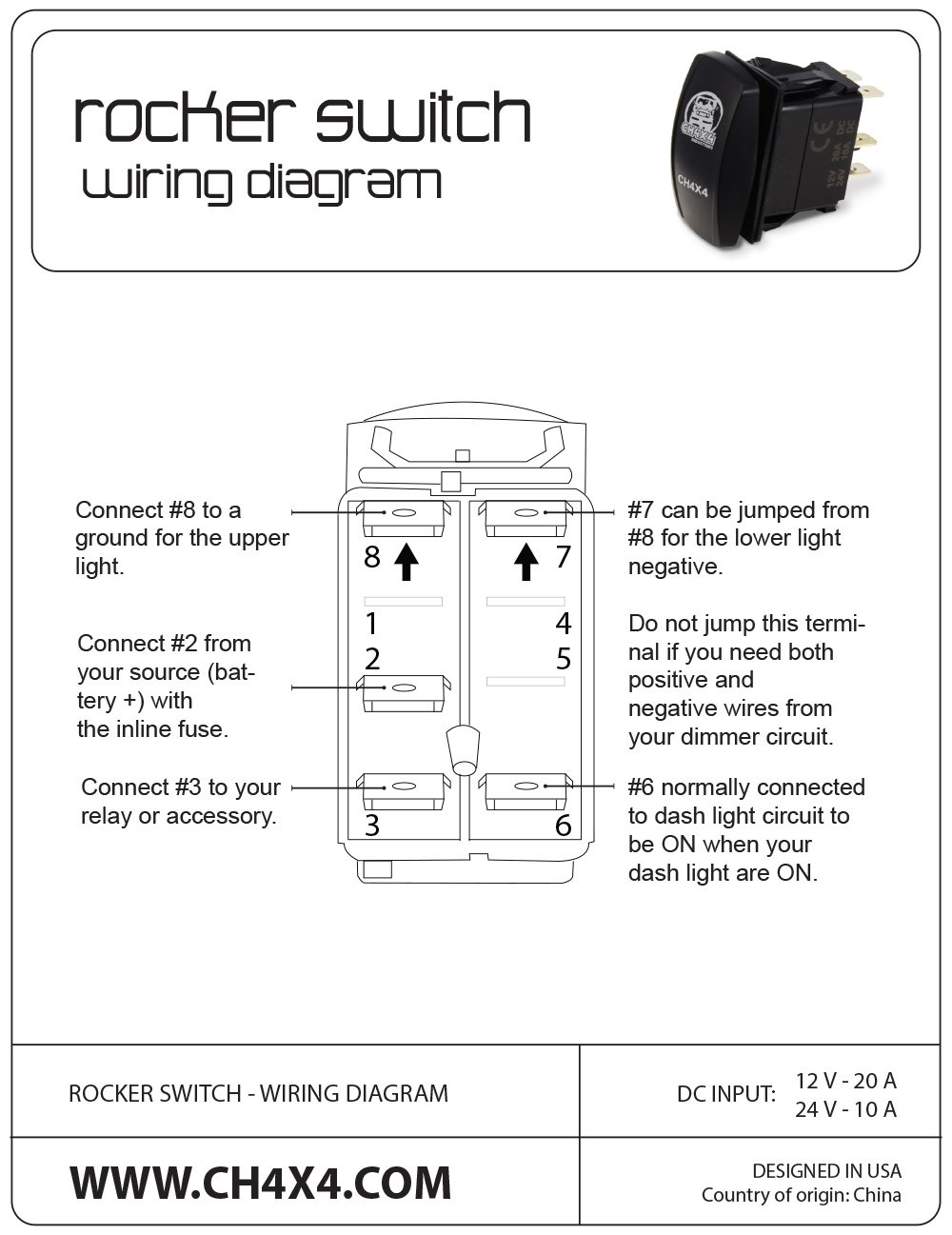 CH4x4 Rocker Switch V2 with Green LED Lights - 3-Position Horizontal Switch for Off-Road Vehicles, Marine Boats & Industrial Equipment