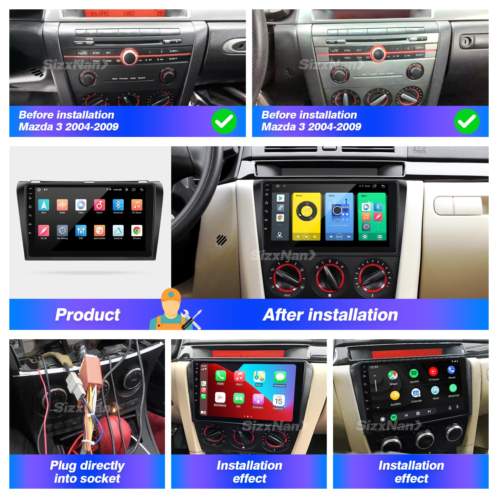 Mazda 3 Android Touch Screen Car Stereo with Apple CarPlay & Android Auto - Bluetooth GPS Navigation WiFi FM/AM Radio & Backup Camera Head Unit for Mazda 3 2004-2009 Models | Perfect for Hands-Free Calling, Music Streaming & Safe Parking