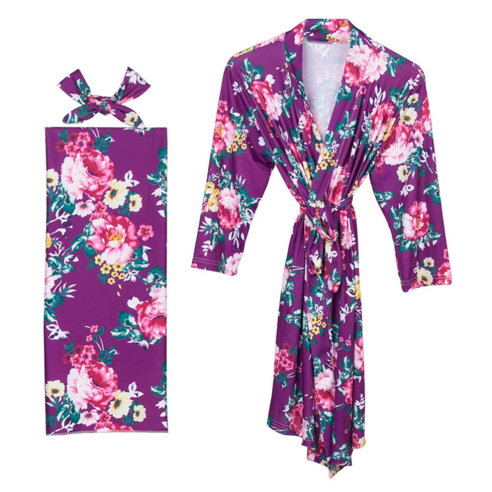 Amosfun Women's Maternity Nursing Robe & Baby Swaddle Wrap Set - Floral Pattern with Bow Headbands, Pregnancy Dress & Infant Blanket for Newborns (3-Piece Set) | Perfect for Breastfeeding, Hospital Stay & Baby Shower Gifts