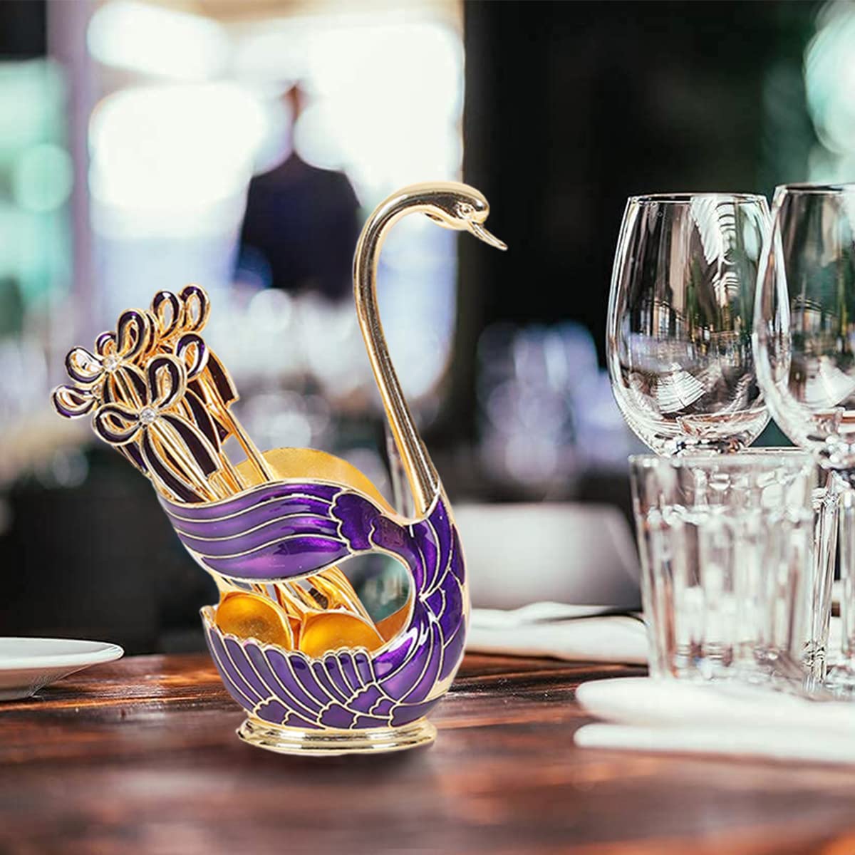 Elegant Swan Coffee Spoon Holder Set with 6 Spoons - Perfect for Desserts & Ice Cream