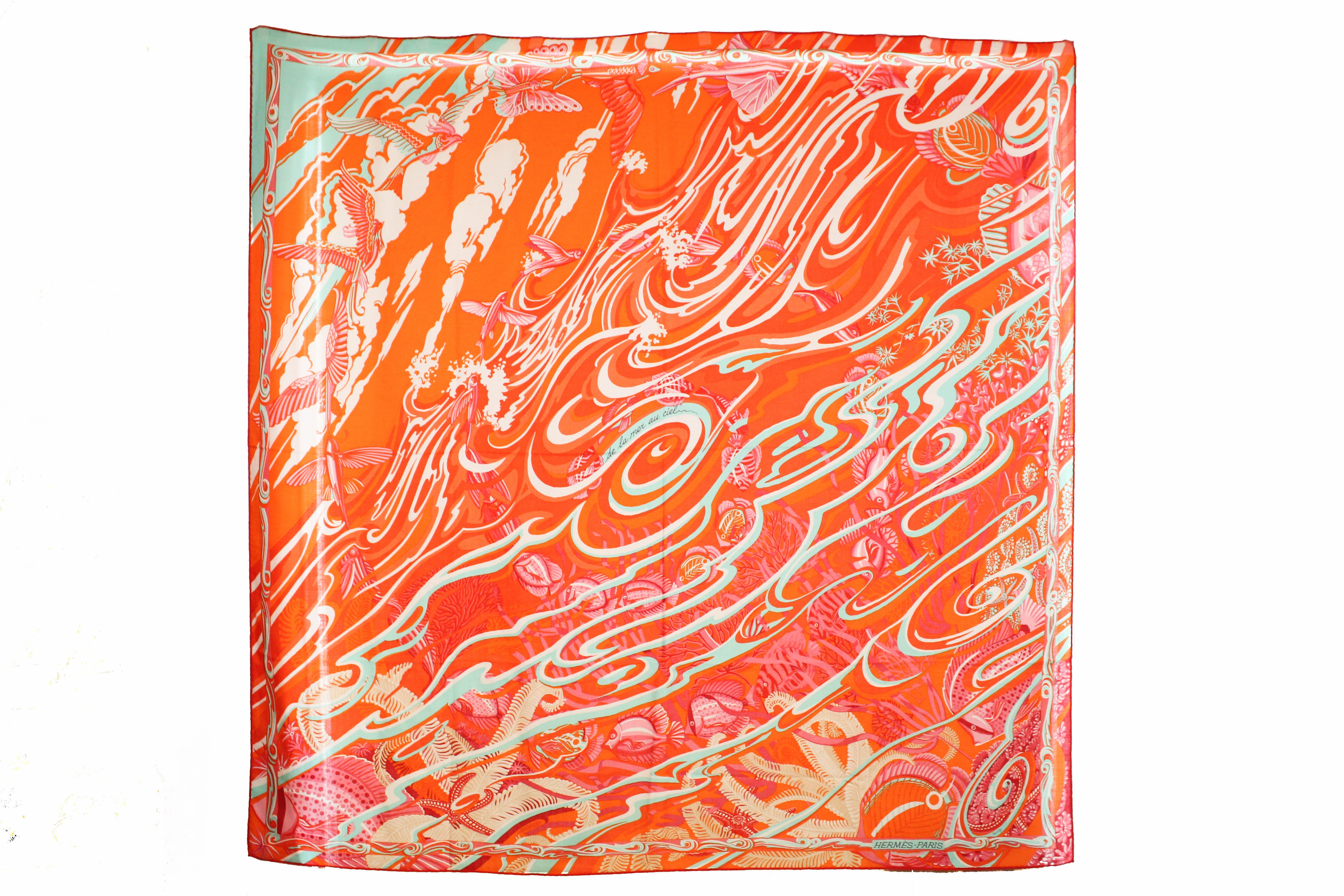 Authentic Hermes Cashmere Silk De La Mer Au Ciel Shawl 140 - Orange Vert Corail Scarf Wrap for Women | Luxury Fashion Accessory for Parties, Weddings & Special Occasions
