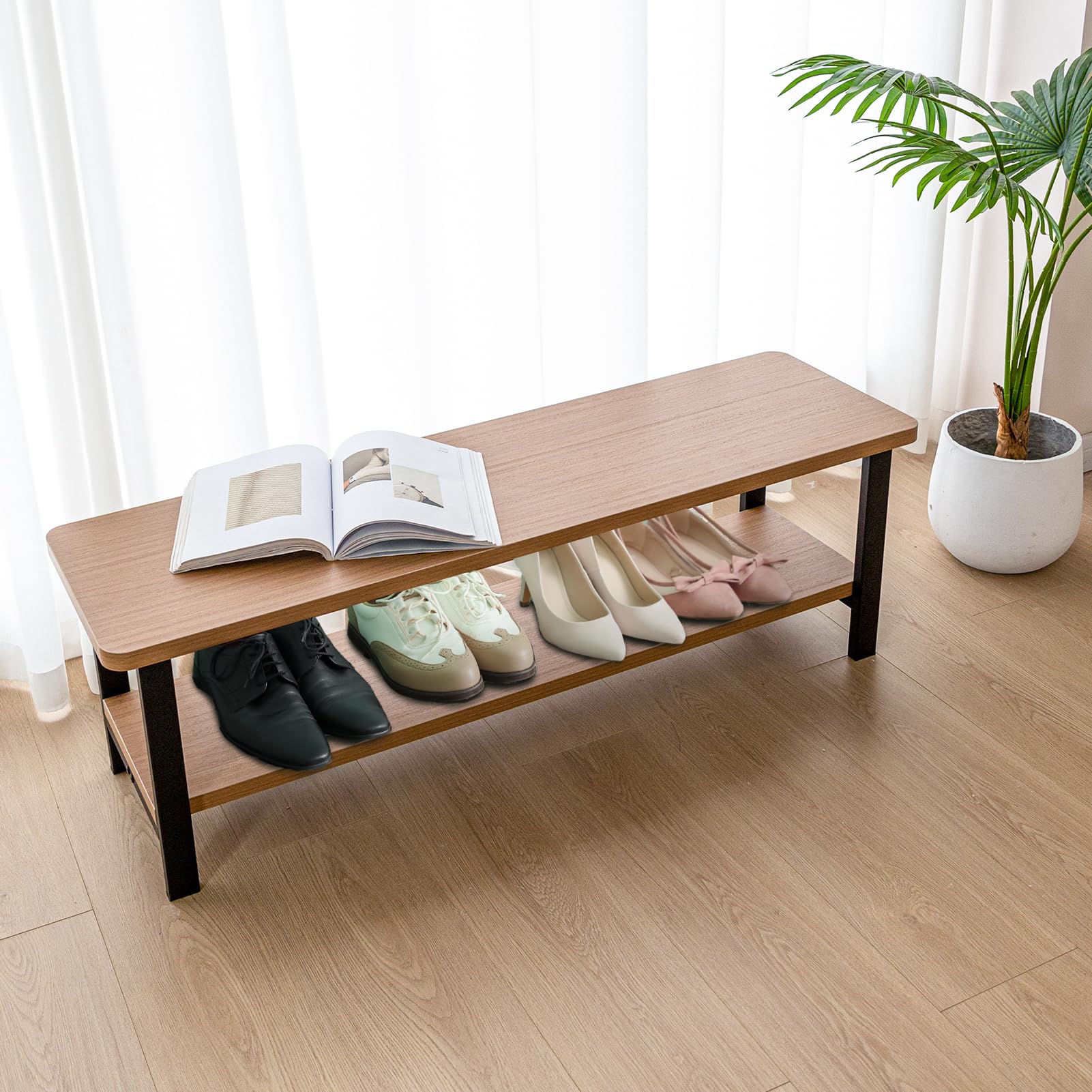 MAXYOYO Rustic Wooden Shoe Storage Bench - Entryway Shoe Rack with Seat for Living Room, Dining Room & Hallway | Space-Saving Organizer for Shoes, Boots & Home Decor