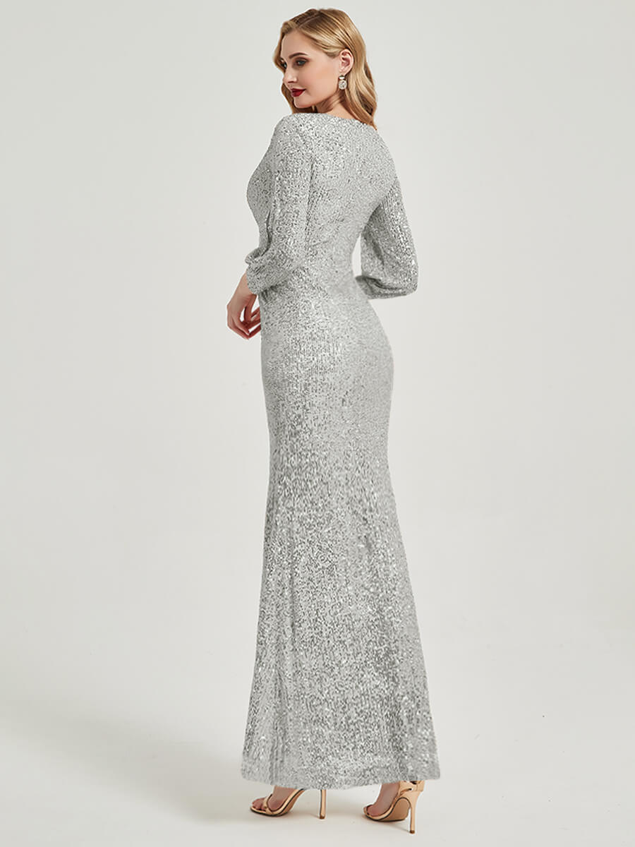 Elegant Apricot Grey Sequin Mermaid Evening Gown with Long Sleeves & High Slit - Perfect for Prom, Wedding Guest & Black Tie Events