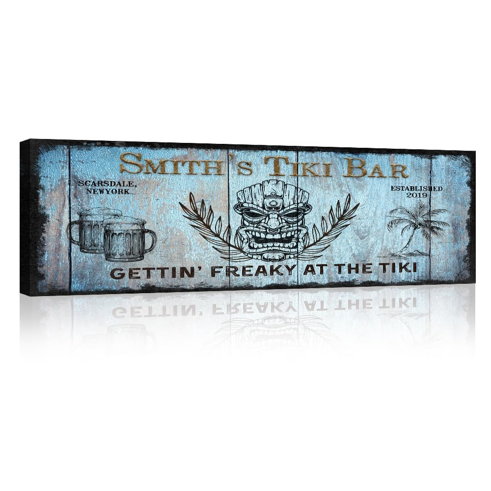 Custom Tiki Bar Sign - Personalized Canvas Wall Art for Man Cave, Outdoor, Kitchen, Pub & Restaurant Decor - 48x16in Wooden Framed Beach Bar Sign - Perfect for Tropical Parties, Home Bars & Themed Dining Rooms