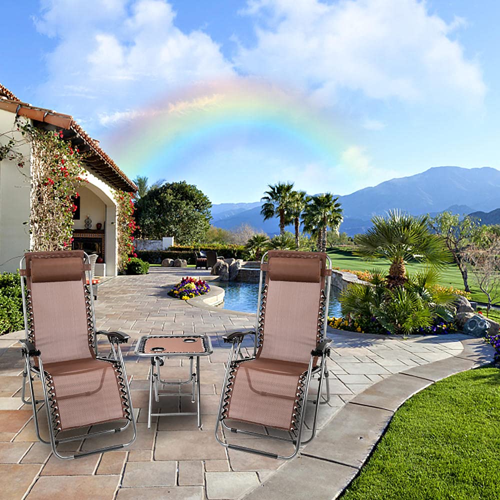 3-Piece Zero Gravity Lounge Chair Set - Heavy Duty Folding Outdoor Recliners for Patio, Poolside & Camping (2 Oversized Chairs + Side Table) - Comfortable Brown Patio Furniture for Adults - Perfect for Backyard Relaxation, Beach Lounging & Outdoor Gatherings