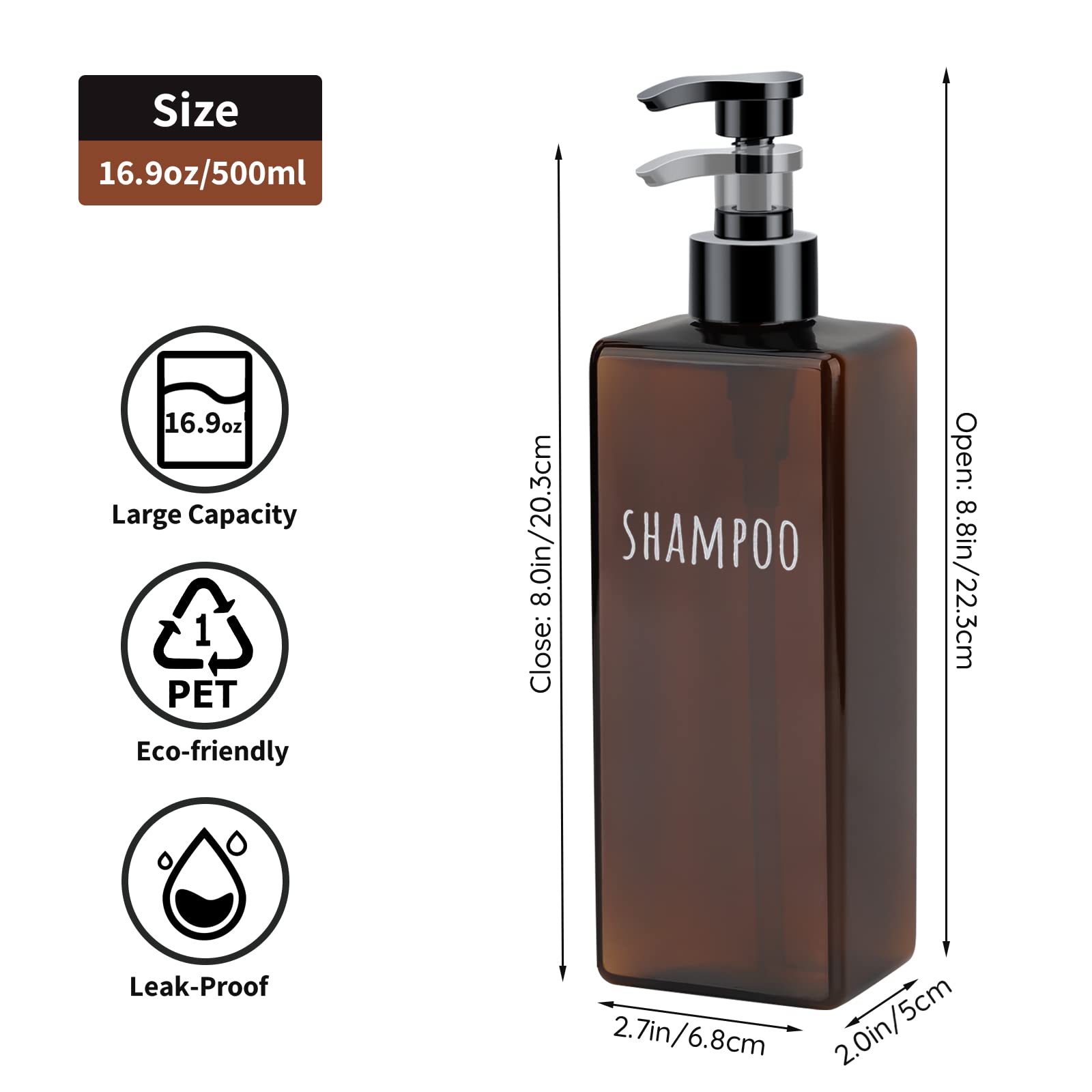 Segbeauty 16.9oz (500ml) Refillable Square Shampoo & Lotion Dispenser with Pump - 3 Pack Empty Plastic Bottles for Bathroom, Shower, Body Wash & Liquid Soap - Perfect for Home, Hotel & Travel (Amber)