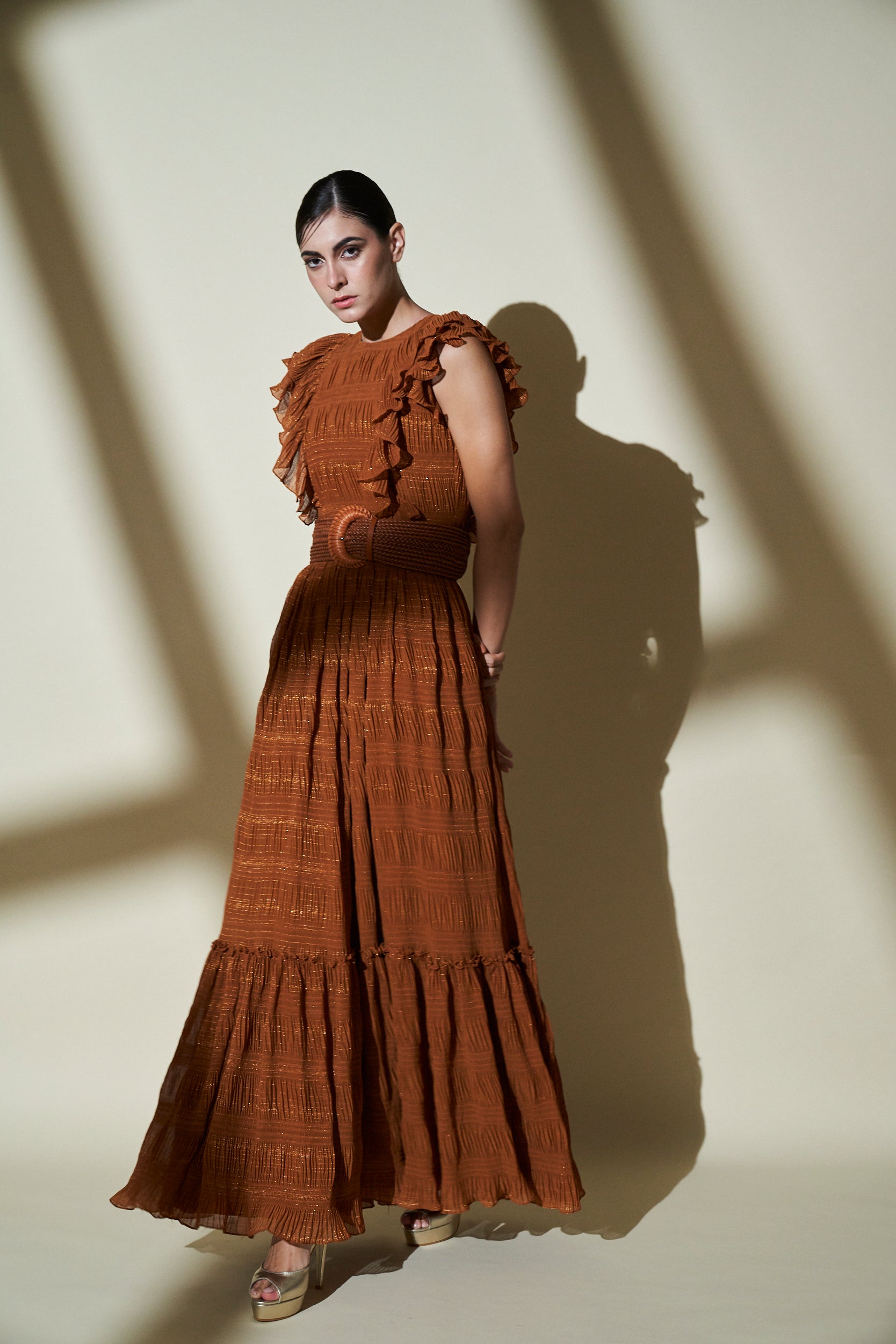 Mustard Gold Woven Zari Maxi Dress for Women - Elegant Indian Party Wear & Wedding Guest Outfit - Perfect for Festivals, Ceremonies and Special Occasions