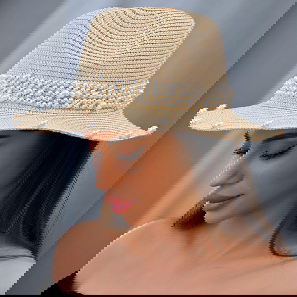 Elegant Pearl Embellished Beige Fedora Sun Hat for Women - Perfect for Beach, Wedding & Summer Outdoor Activities