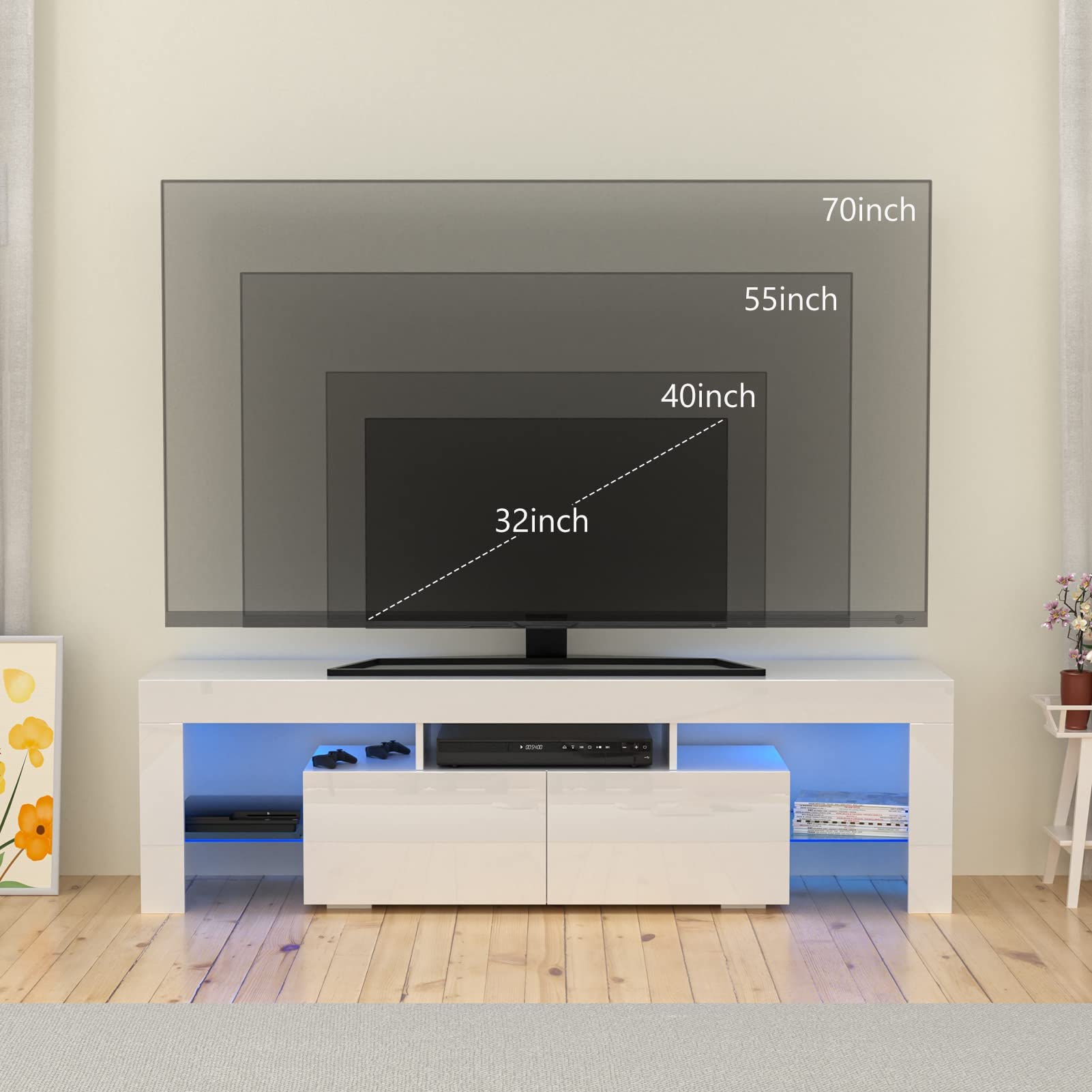 Modern RGB LED TV Stand for 60 65 70 Inch TVs - High Glossy Entertainment Center with Storage Shelves - Media Console for Living Room, Game Room & Bedroom (63